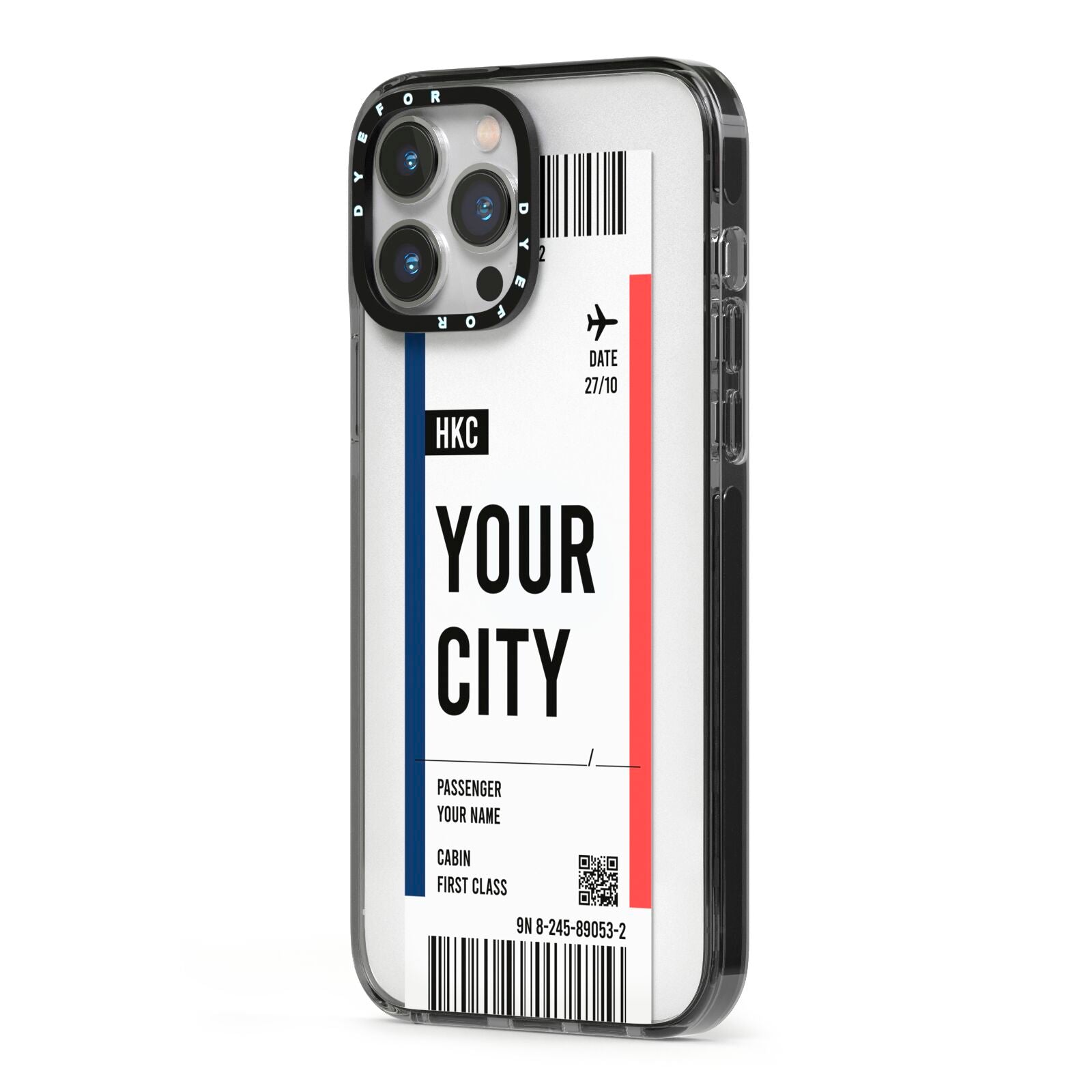 Boarding Pass Ticket iPhone 13 Pro Max Black Impact Case Side Angle on Silver phone