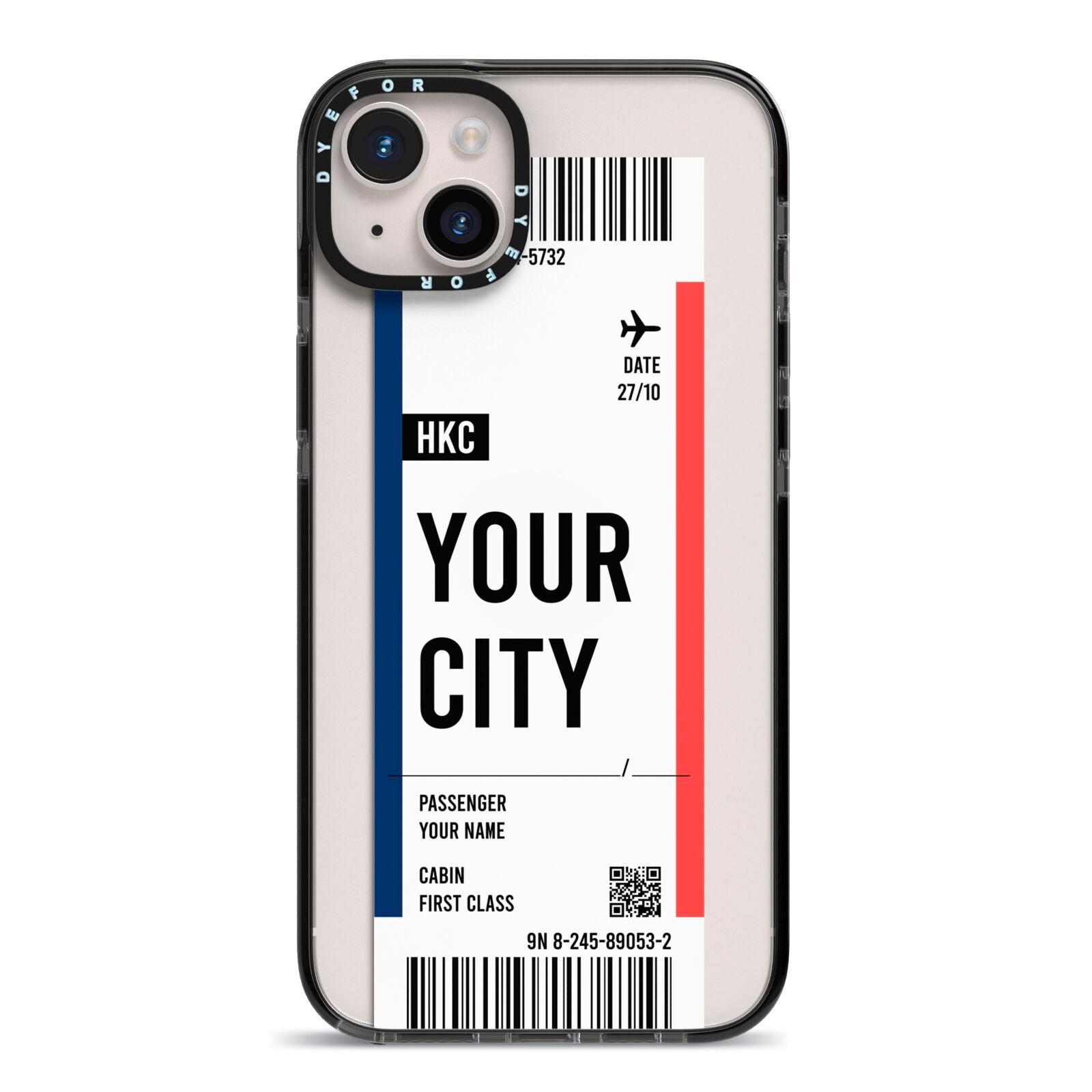 Boarding Pass Ticket iPhone 14 Plus Black Impact Case on Silver phone