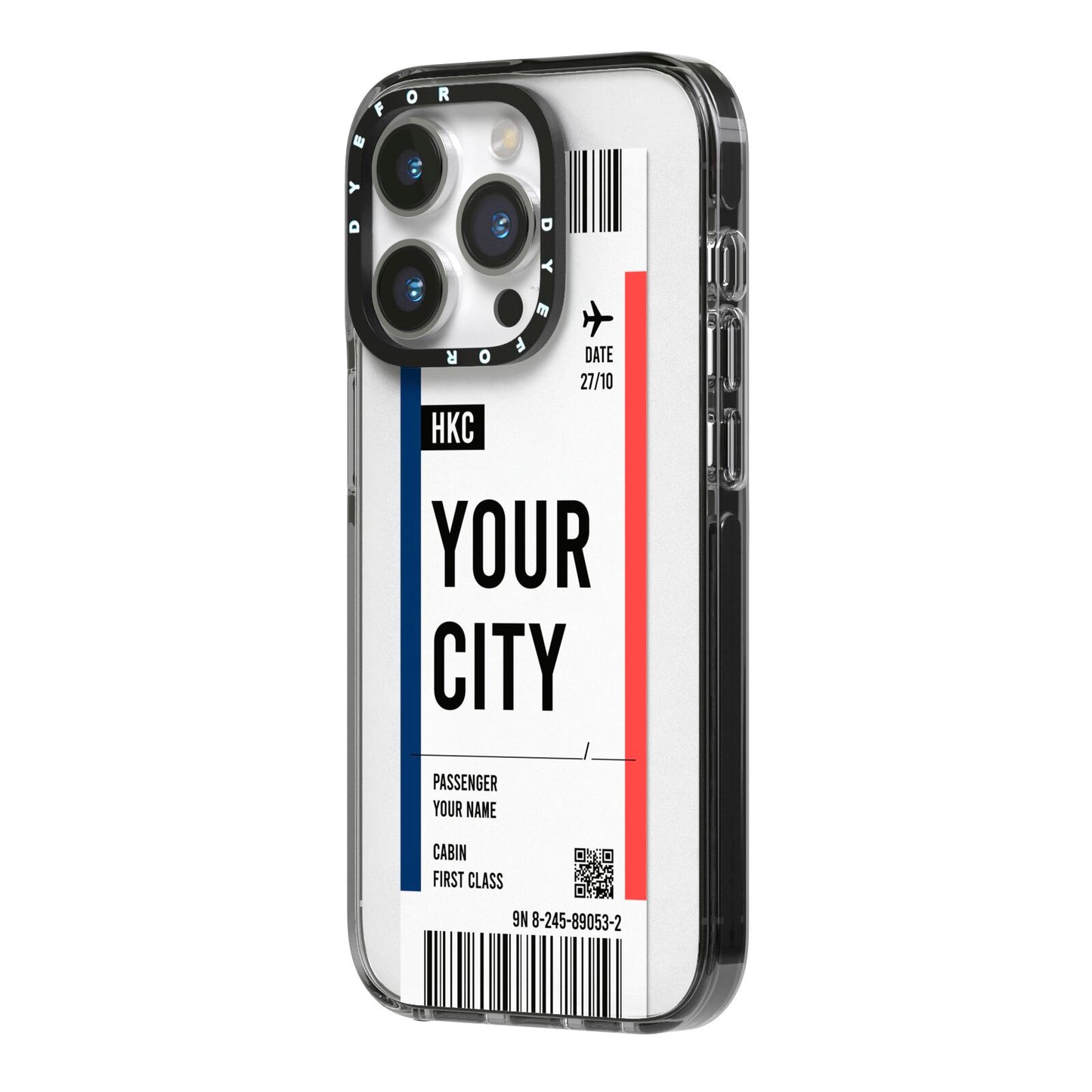 Boarding Pass Ticket iPhone 14 Pro Black Impact Case Side Angle on Silver phone