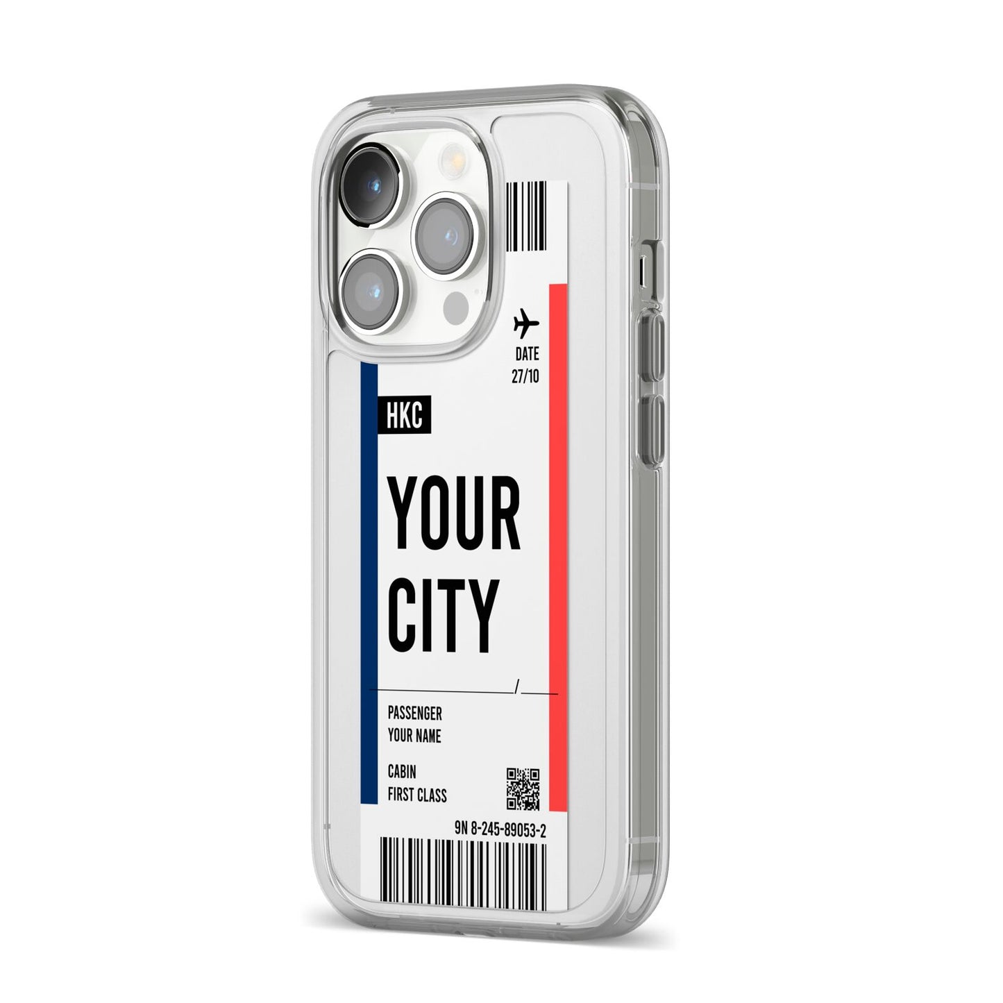 Boarding Pass Ticket iPhone 14 Pro Clear Tough Case Silver Angled Image