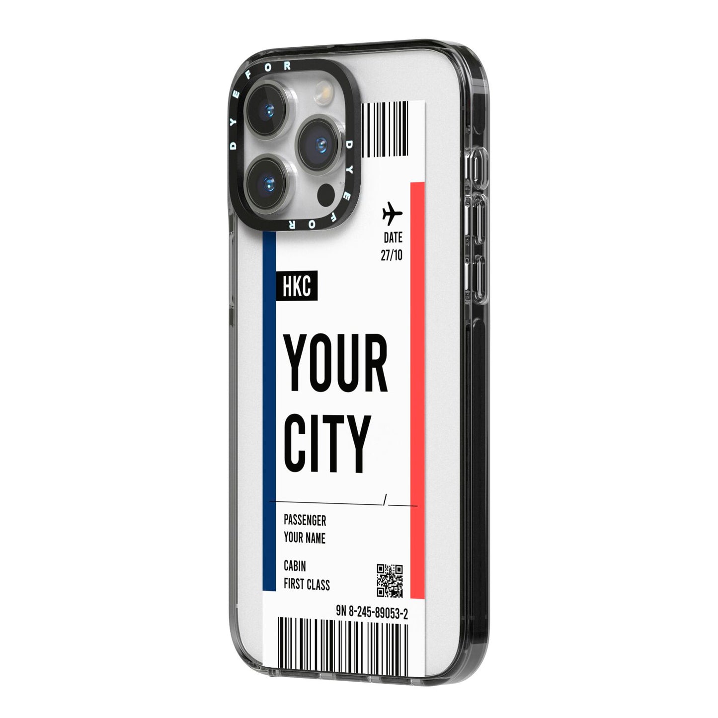 Boarding Pass Ticket iPhone 14 Pro Max Black Impact Case Side Angle on Silver phone