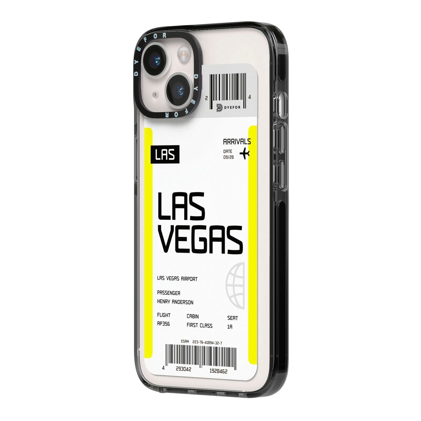 Boarding Pass iPhone 14 Black Impact Case Side Angle on Silver phone