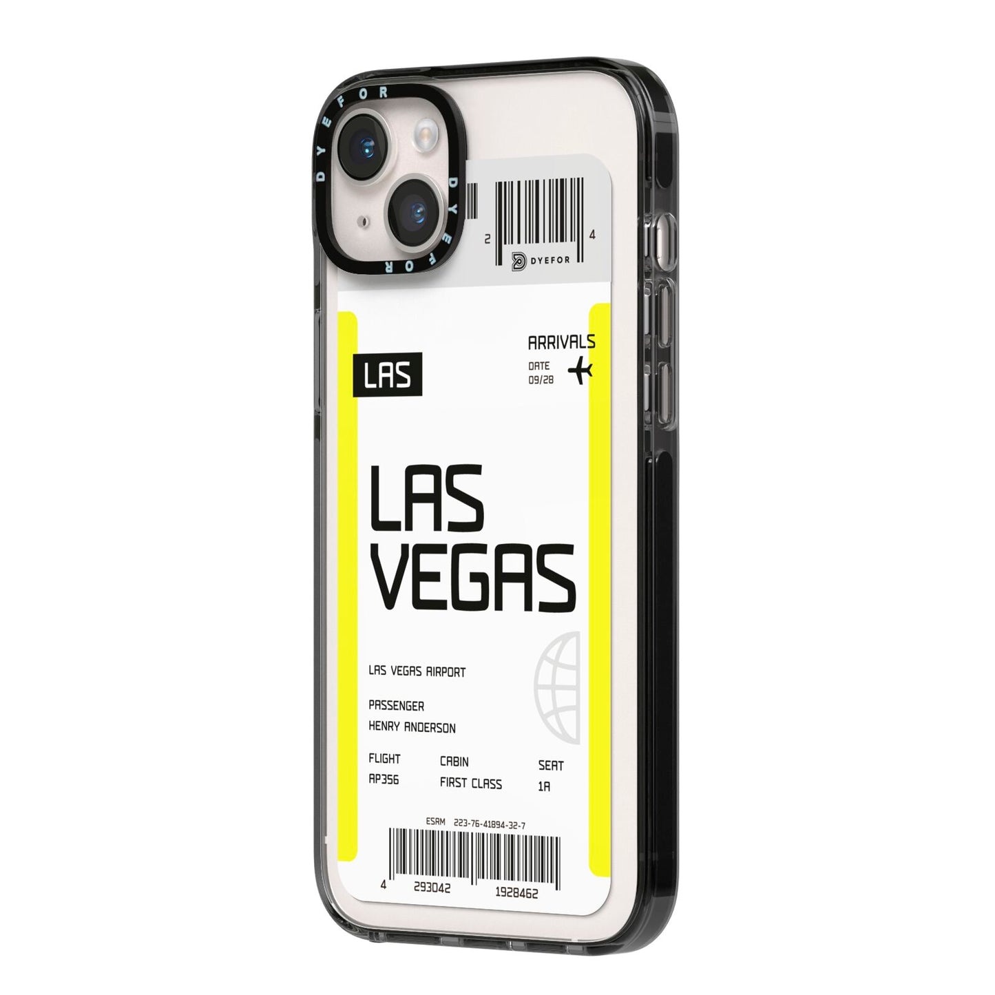 Boarding Pass iPhone 14 Plus Black Impact Case Side Angle on Silver phone