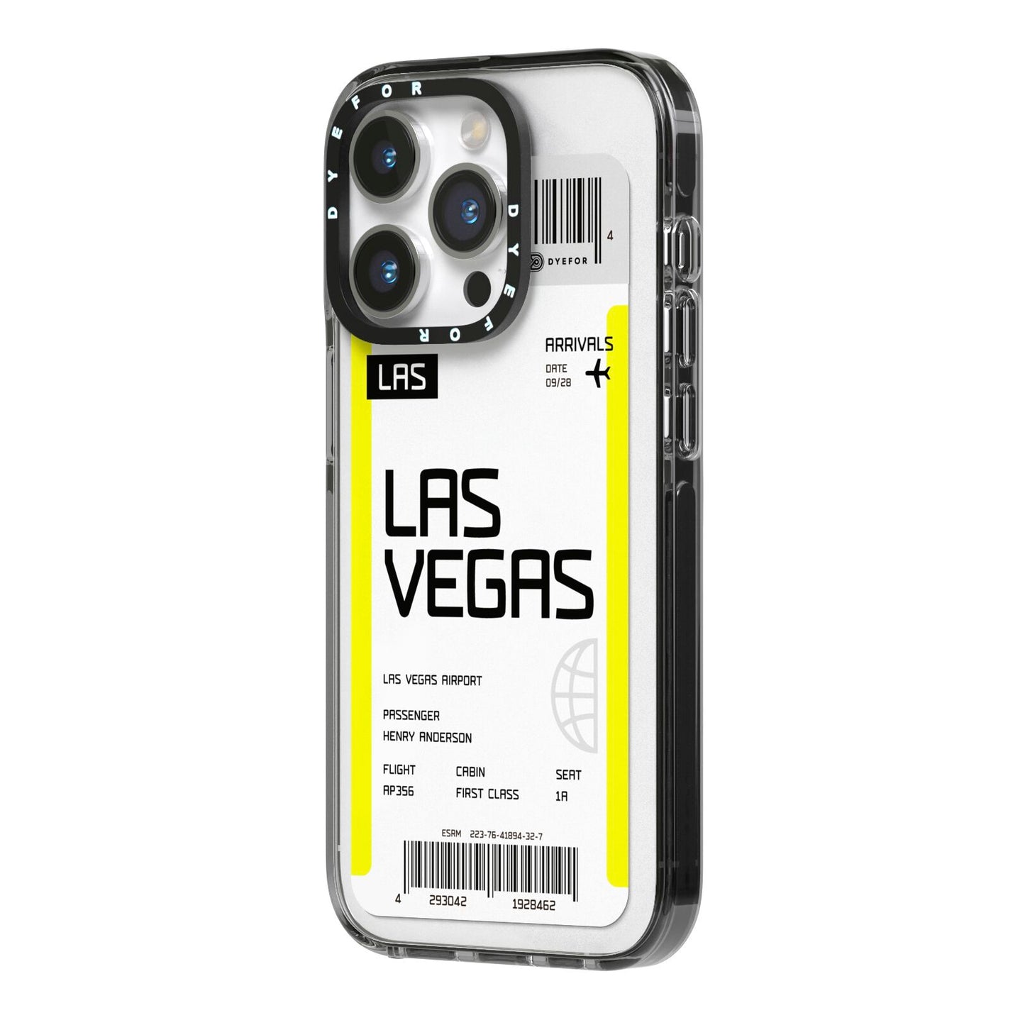 Boarding Pass iPhone 14 Pro Black Impact Case Side Angle on Silver phone