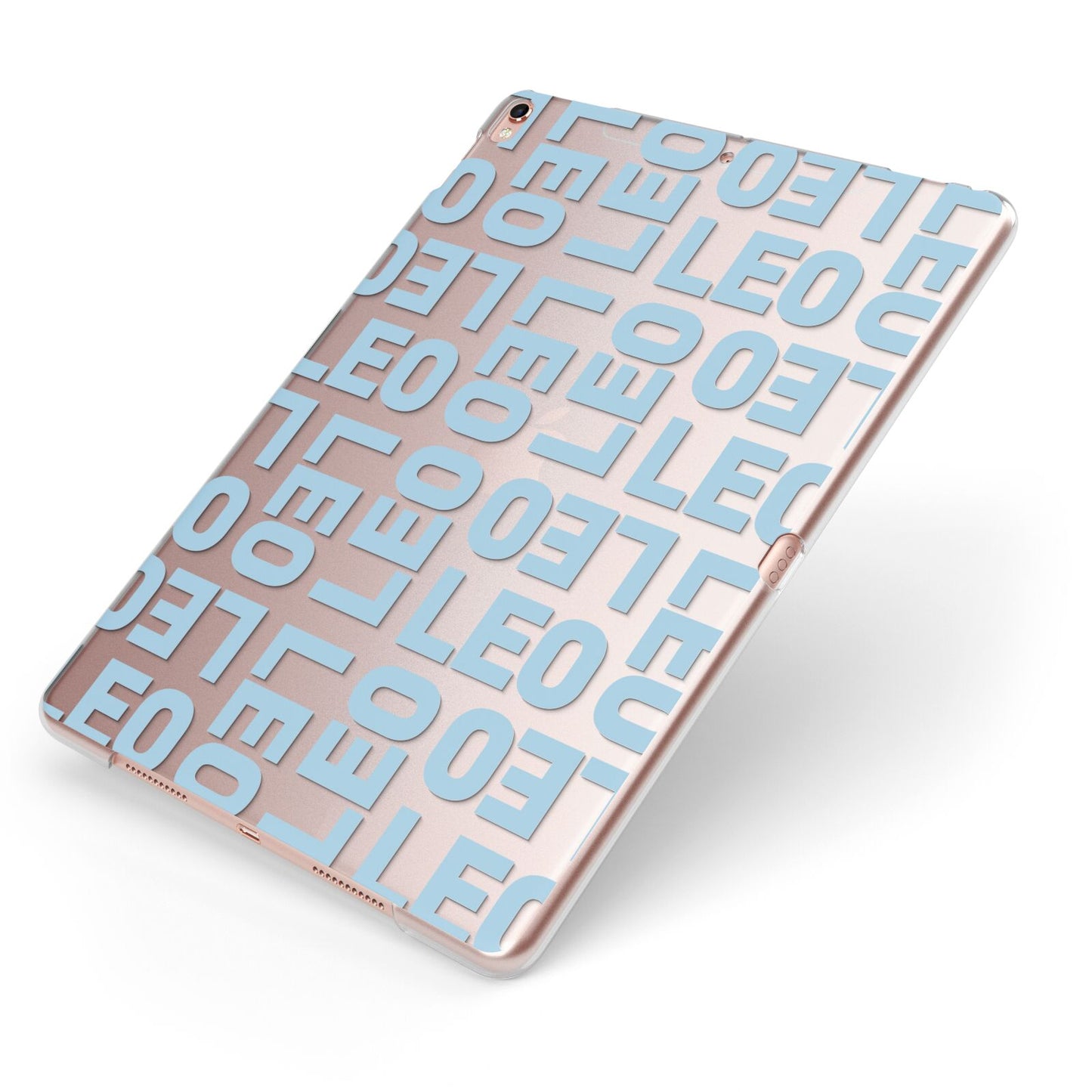 Bold Blue Block Names Apple iPad Case on Rose Gold iPad Side View