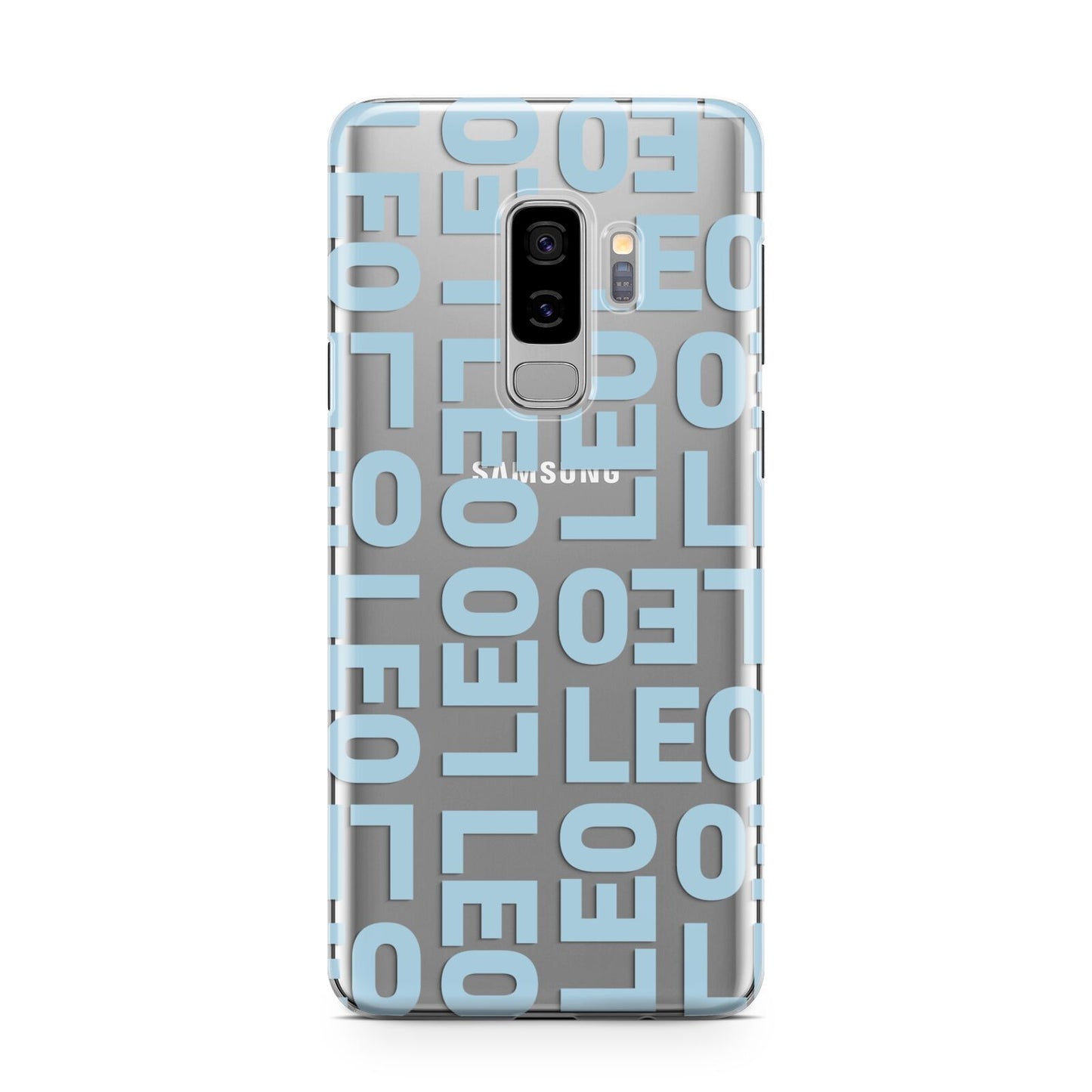 Bold Blue Block Names Samsung Galaxy S9 Plus Case on Silver phone