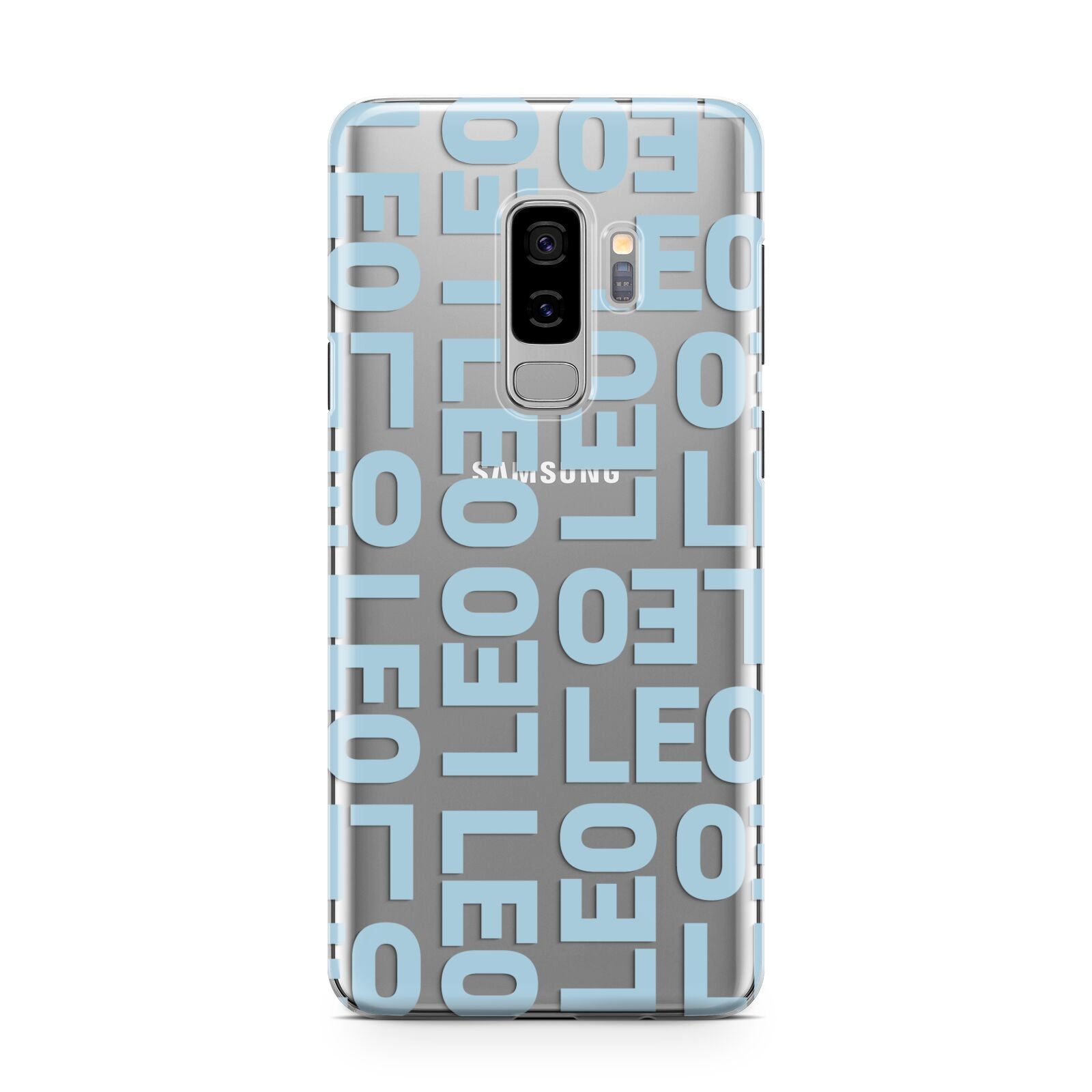 Bold Blue Block Names Samsung Galaxy S9 Plus Case on Silver phone
