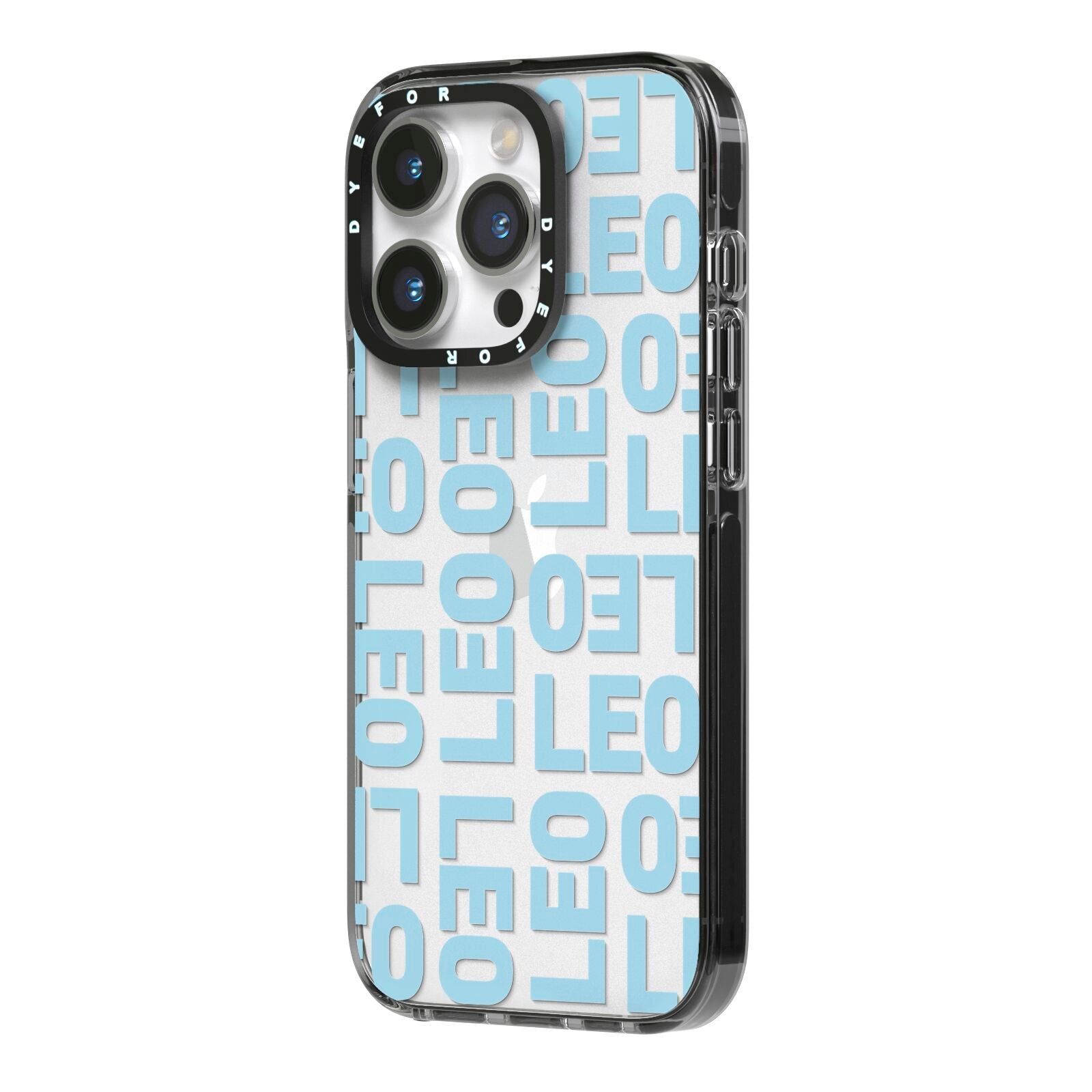 Bold Blue Block Names iPhone 14 Pro Black Impact Case Side Angle on Silver phone
