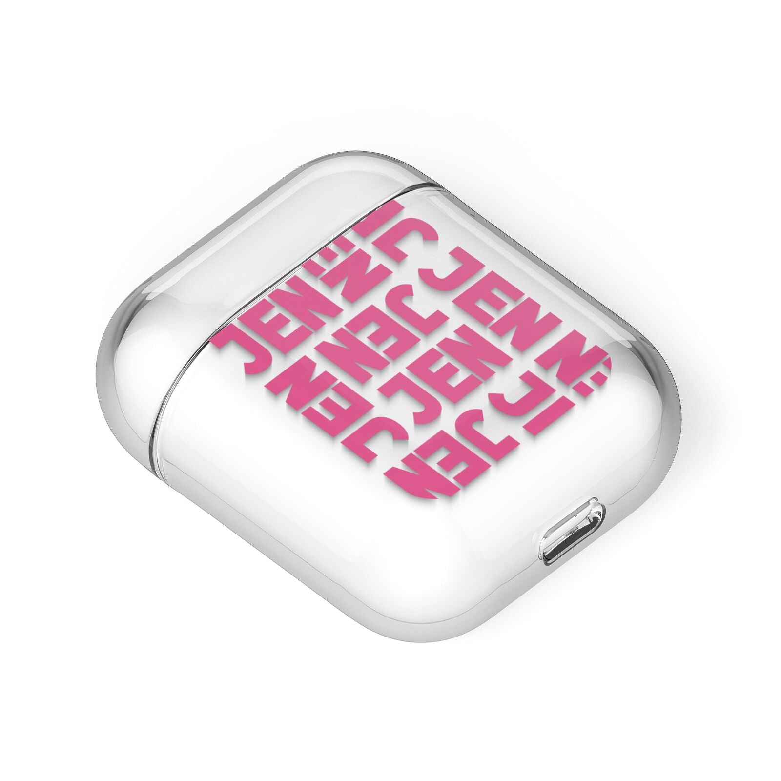 Bold Pink Repeating Name AirPods Case Laid Flat