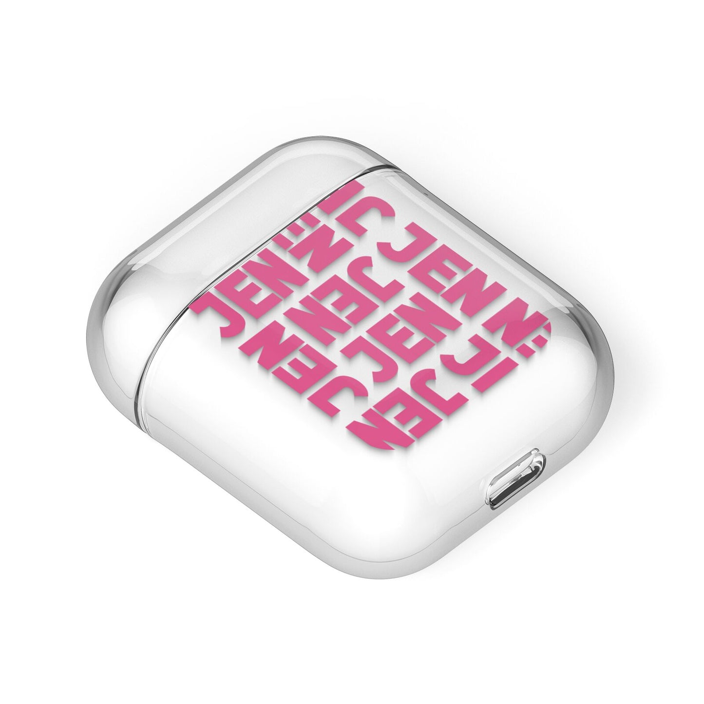 Bold Pink Repeating Name AirPods Case Laid Flat
