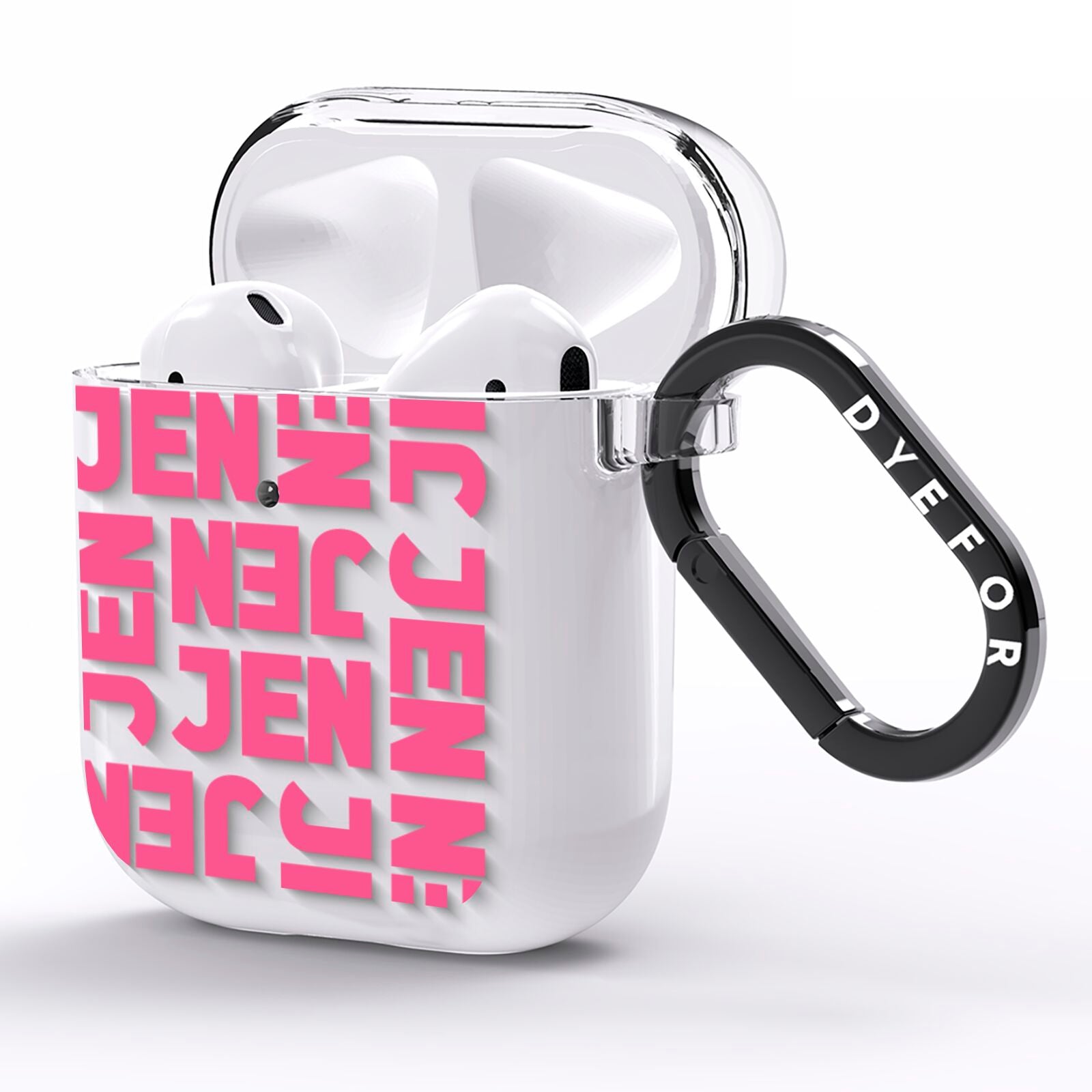 Bold Pink Repeating Name AirPods Clear Case Side Image