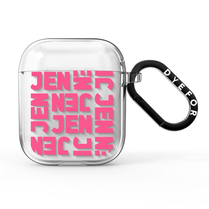 Bold Pink Repeating Name AirPods Clear Case