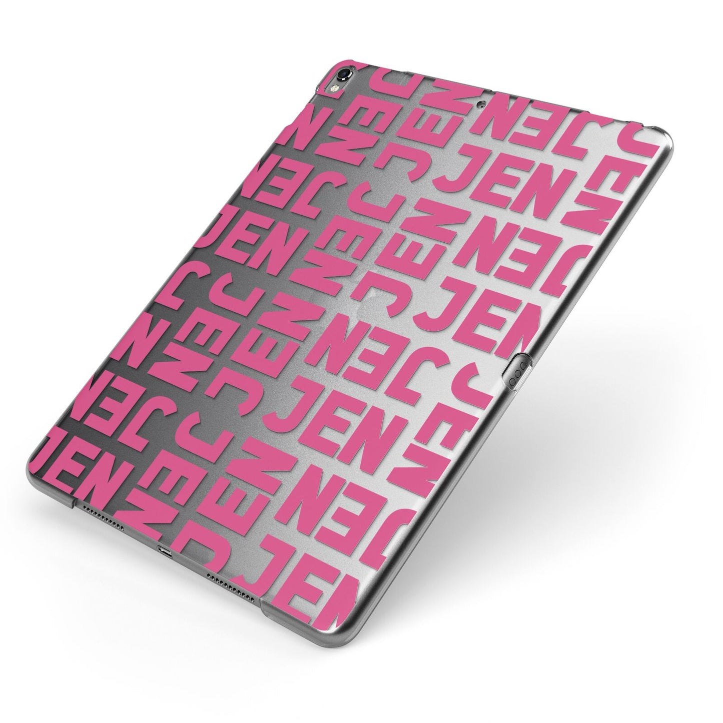 Bold Pink Repeating Name Apple iPad Case on Grey iPad Side View