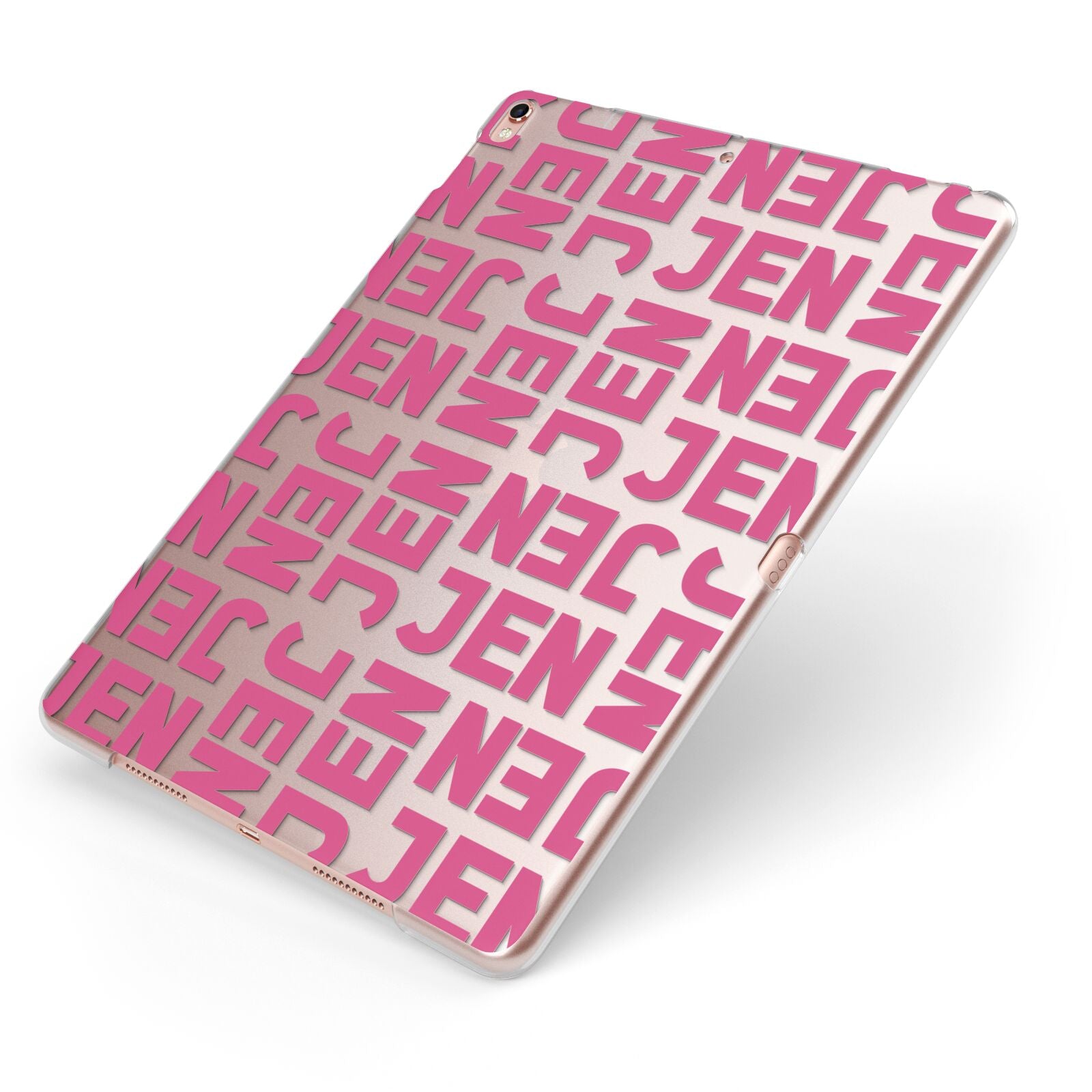 Bold Pink Repeating Name Apple iPad Case on Rose Gold iPad Side View
