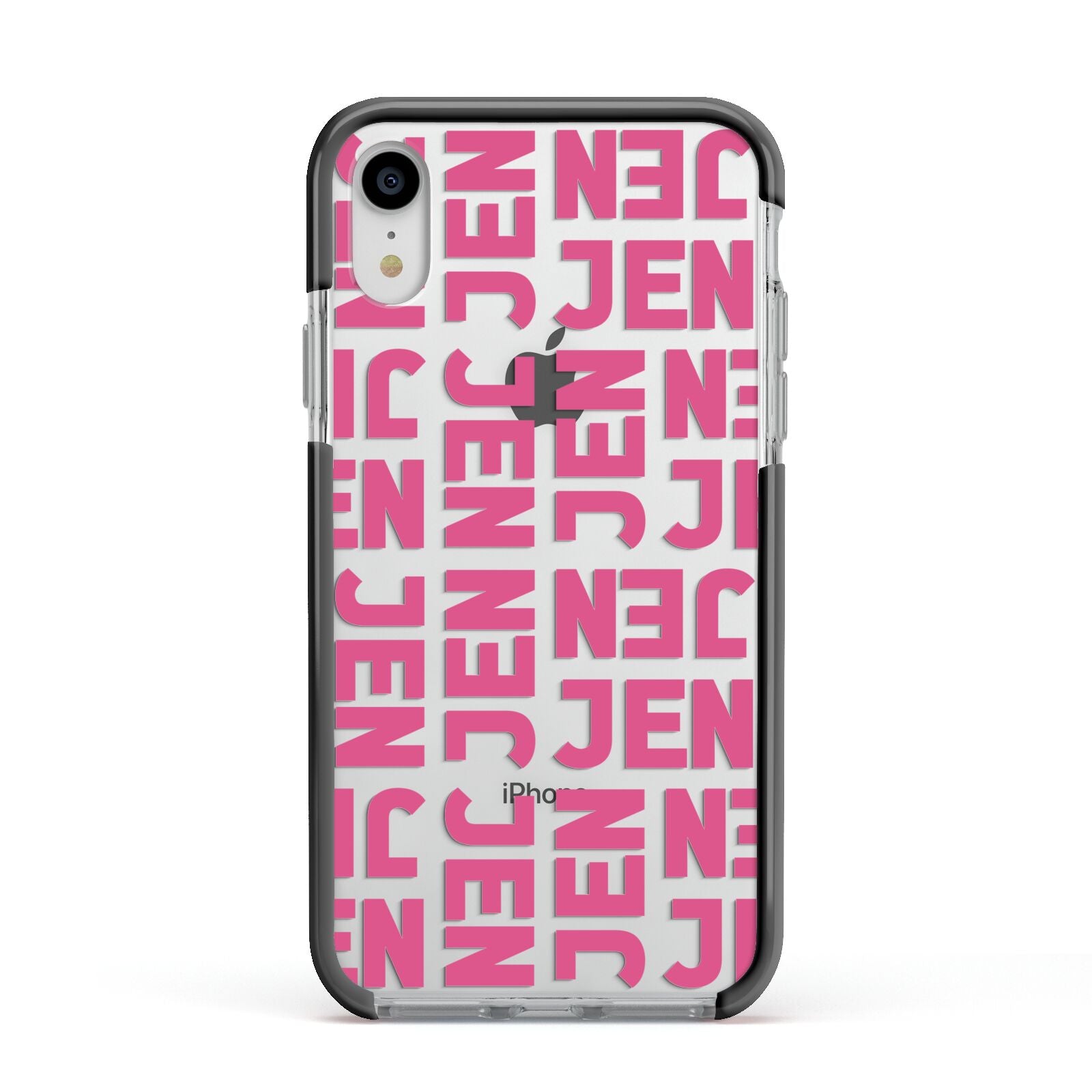 Bold Pink Repeating Name Apple iPhone XR Impact Case Black Edge on Silver Phone