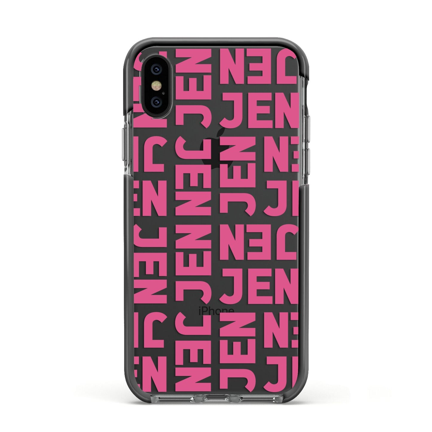 Bold Pink Repeating Name Apple iPhone Xs Impact Case Black Edge on Black Phone