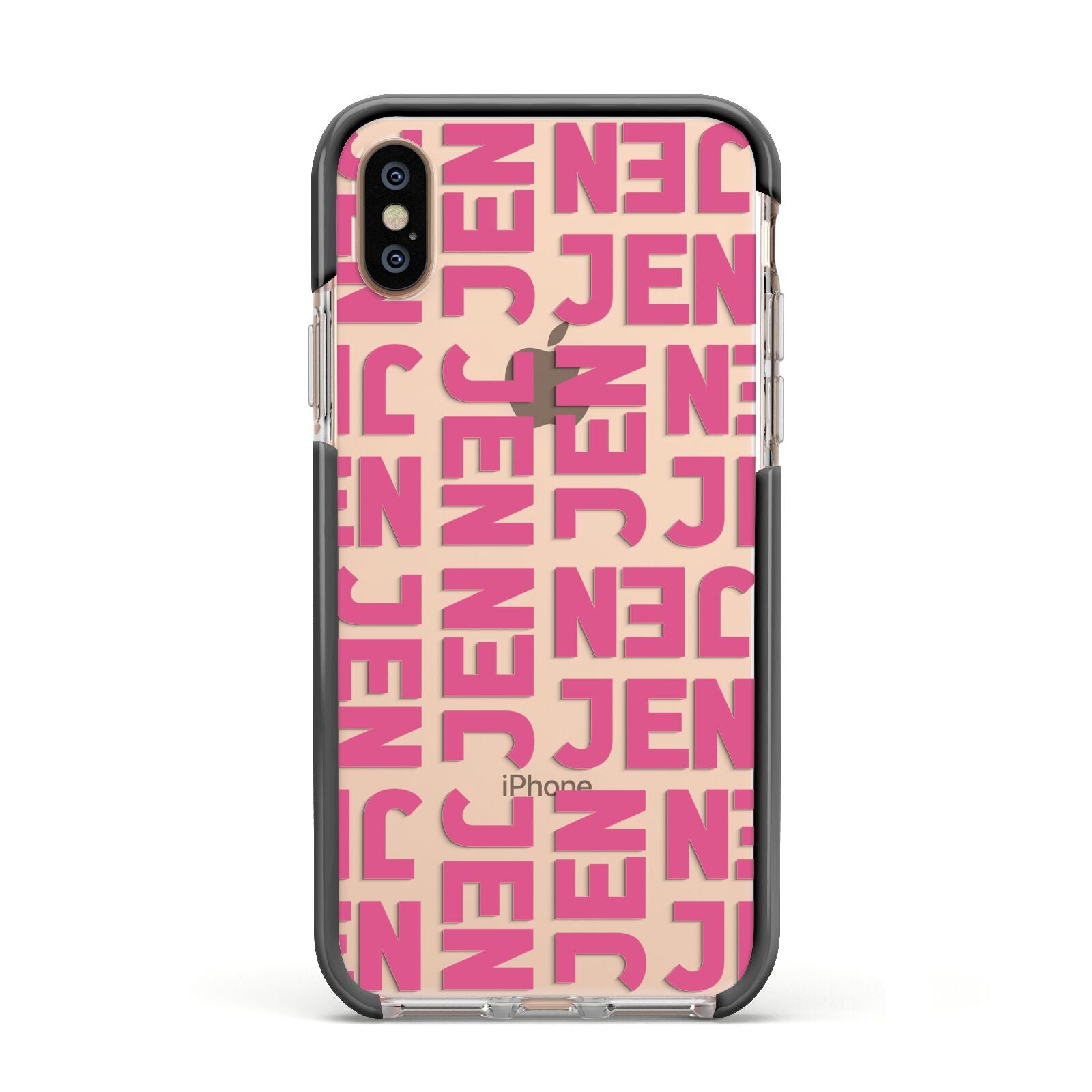 Bold Pink Repeating Name Apple iPhone Xs Impact Case Black Edge on Gold Phone