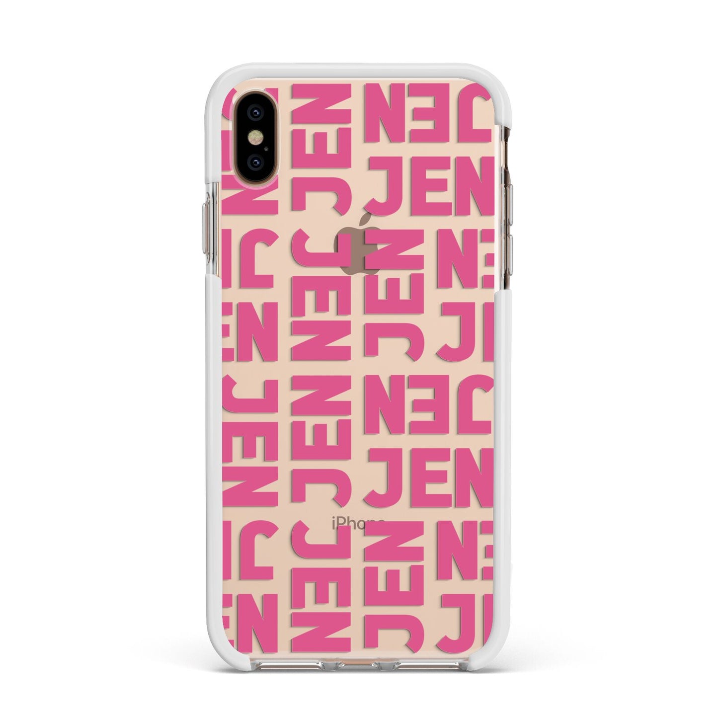 Bold Pink Repeating Name Apple iPhone Xs Max Impact Case White Edge on Gold Phone