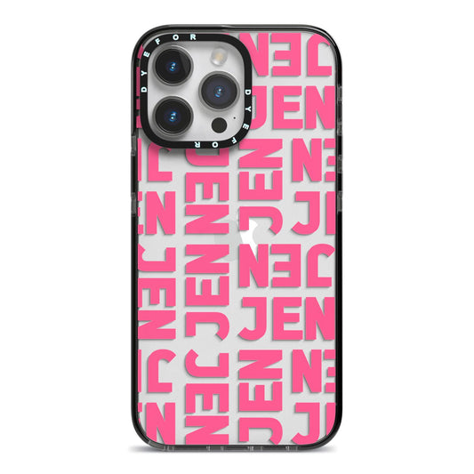 Bold Pink Repeating Name iPhone 14 Pro Max Black Impact Case on Silver phone