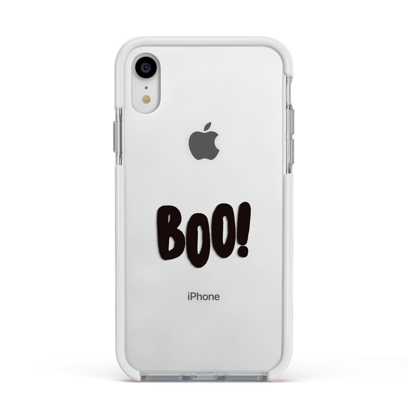 Boo Black Apple iPhone XR Impact Case White Edge on Silver Phone