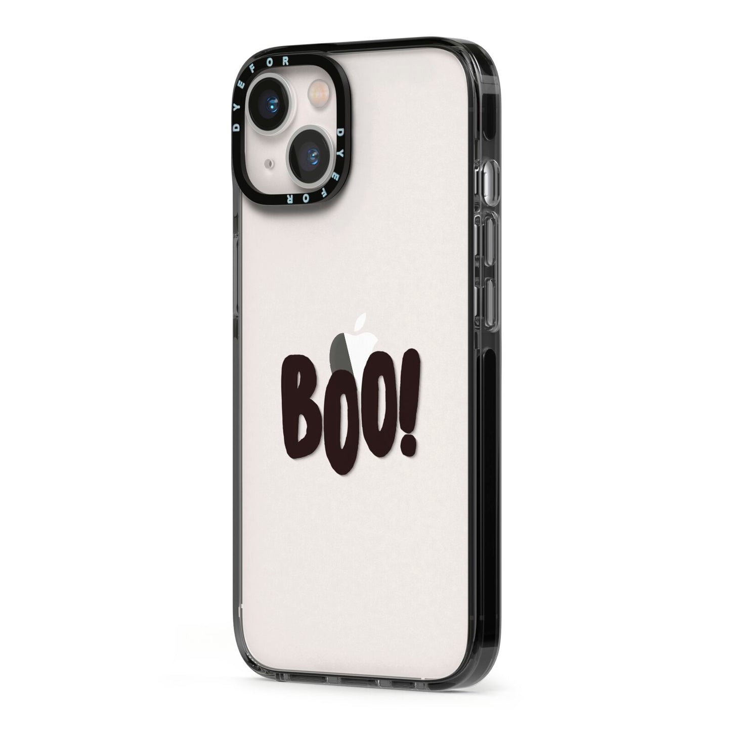 Boo Black iPhone 13 Black Impact Case Side Angle on Silver phone
