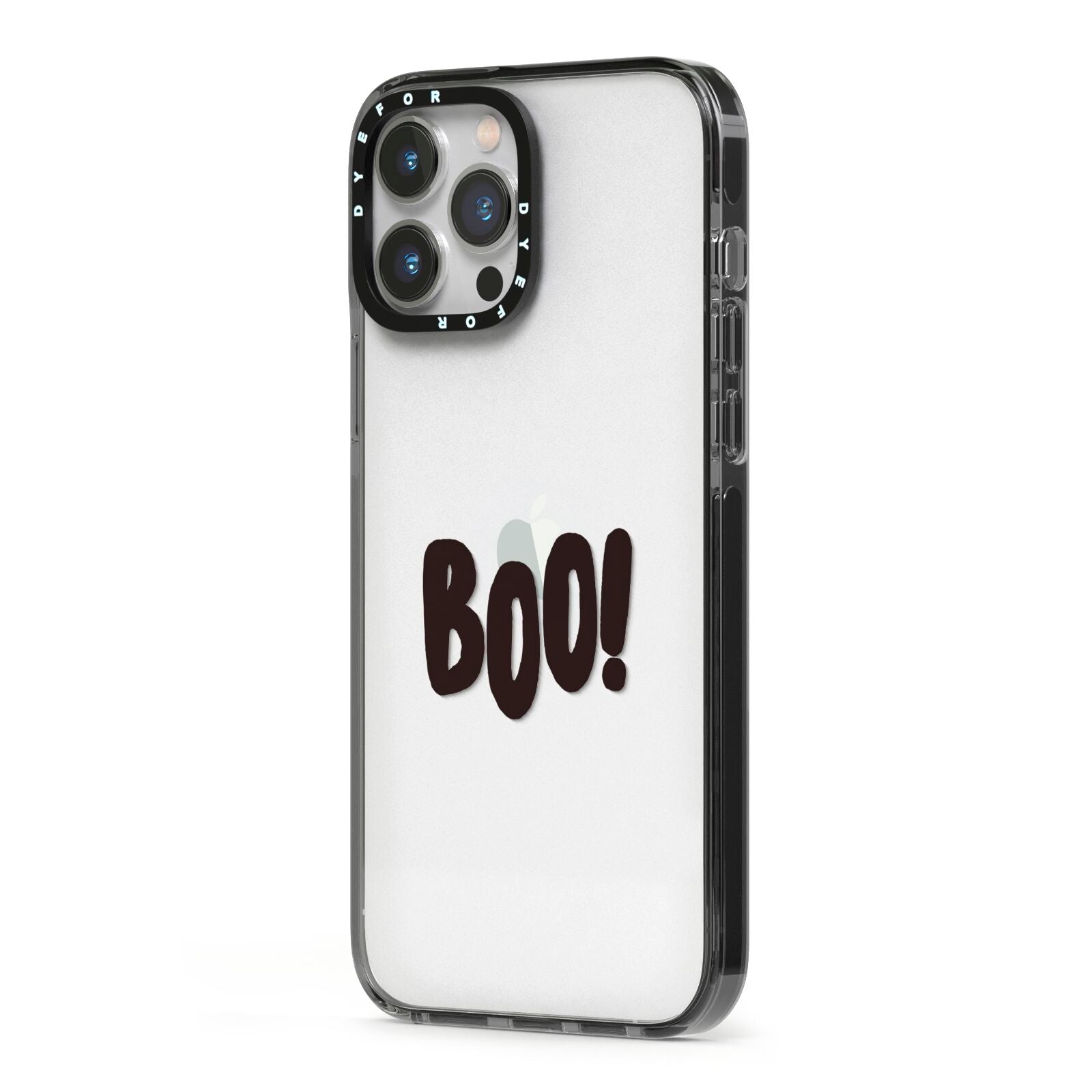 Boo Black iPhone 13 Pro Max Black Impact Case Side Angle on Silver phone