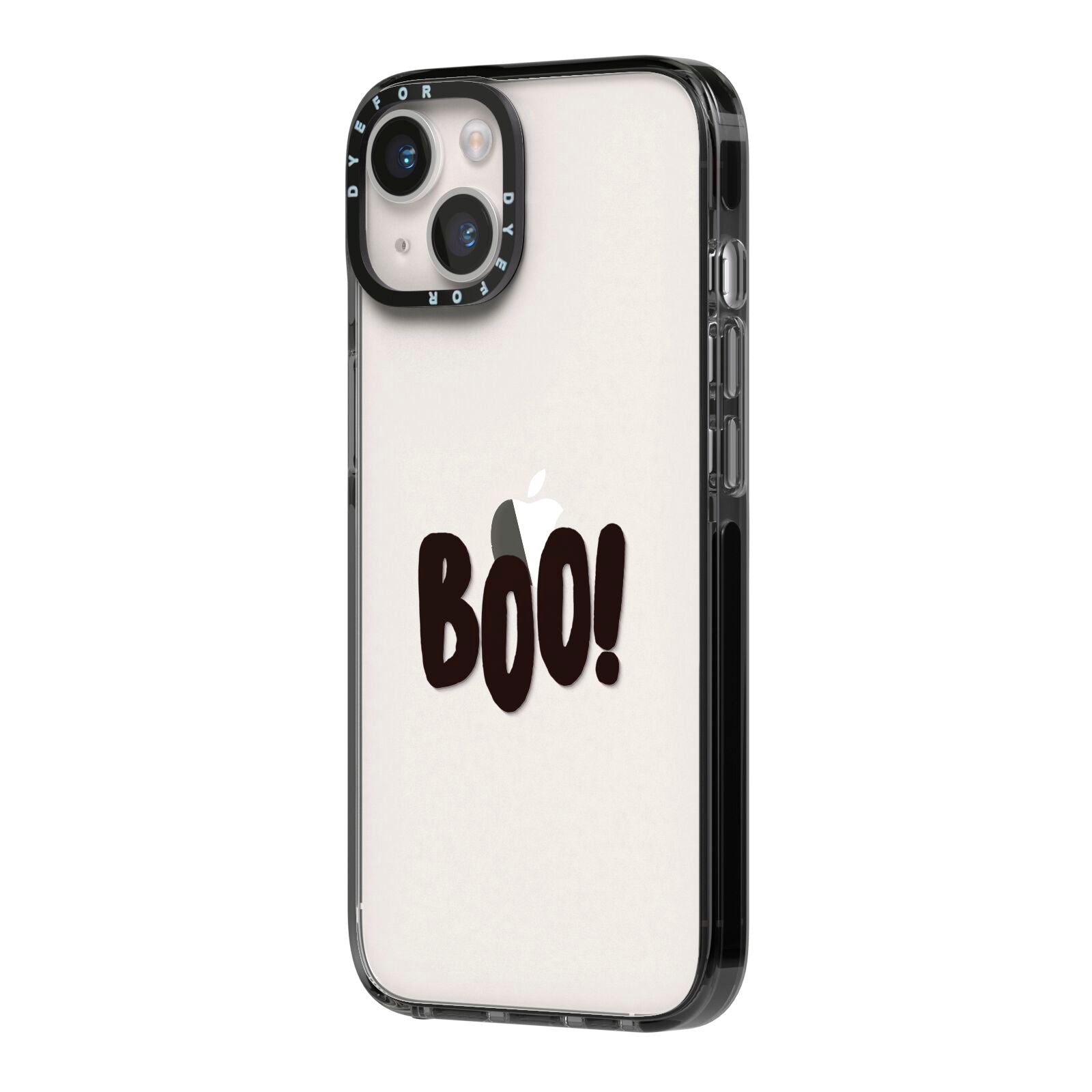 Boo Black iPhone 14 Black Impact Case Side Angle on Silver phone