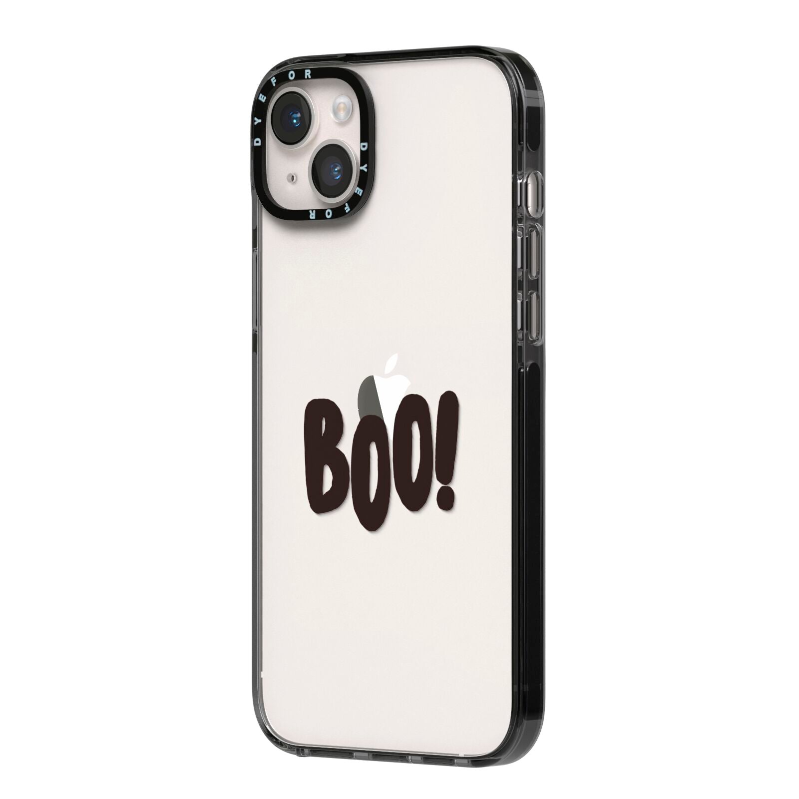 Boo Black iPhone 14 Plus Black Impact Case Side Angle on Silver phone