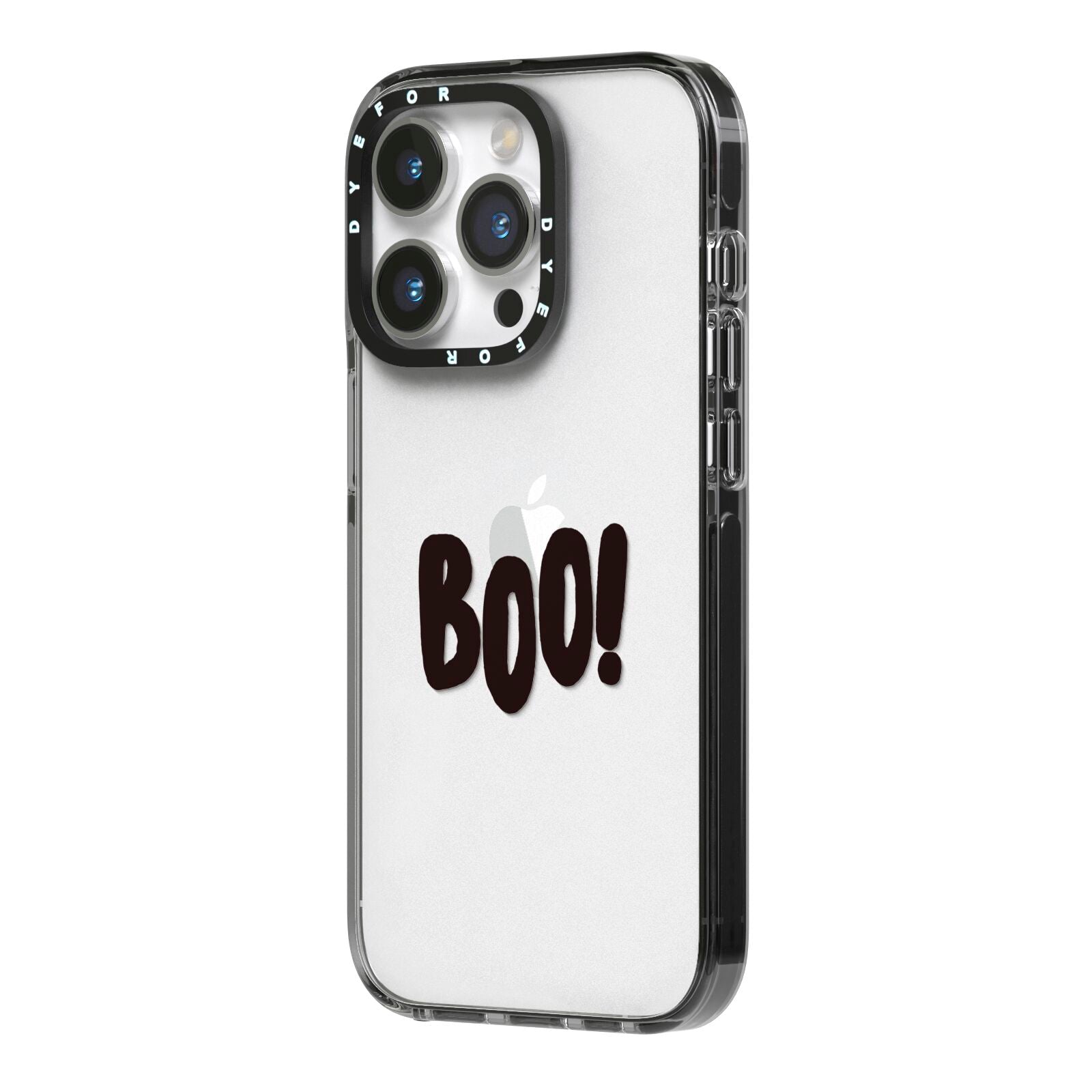 Boo Black iPhone 14 Pro Black Impact Case Side Angle on Silver phone