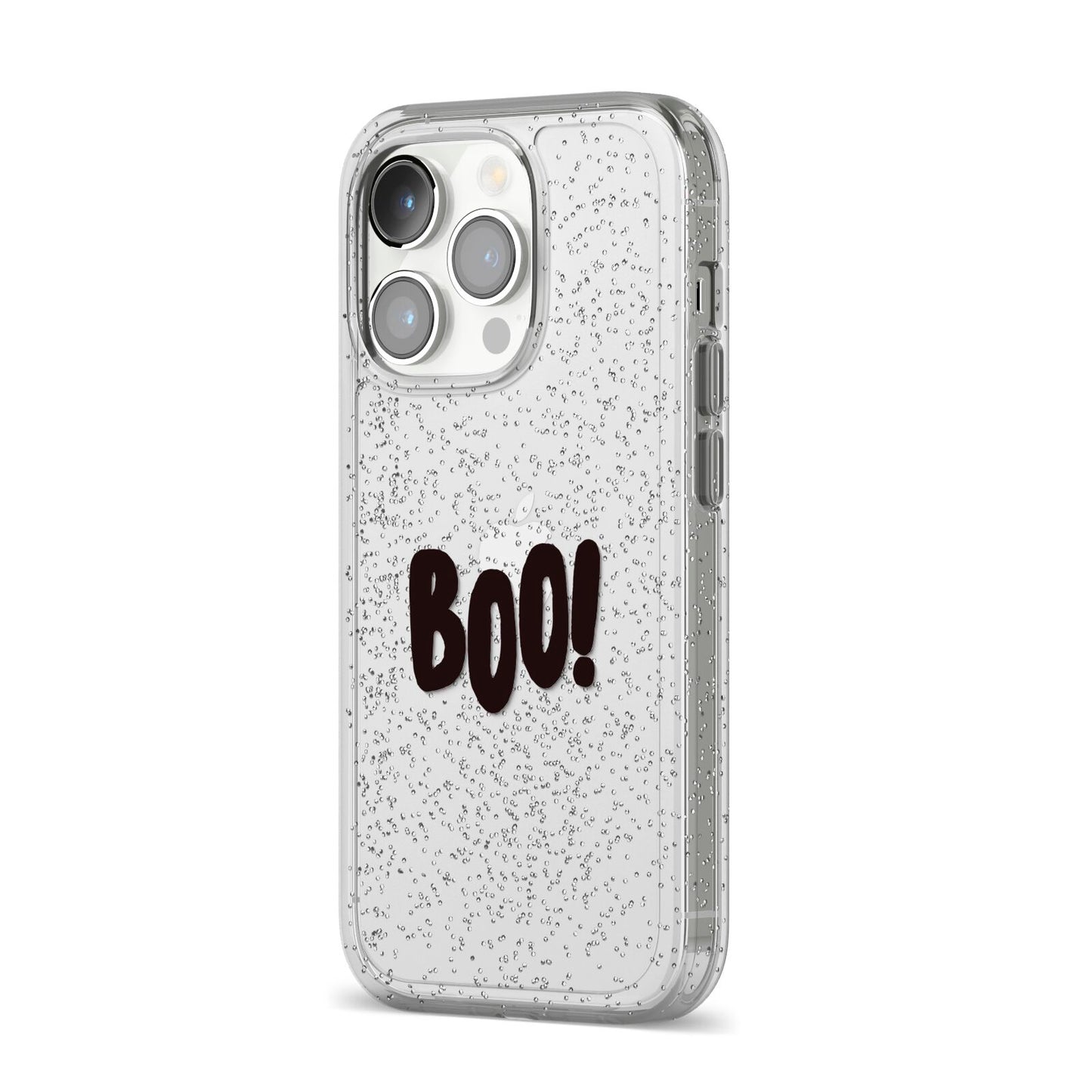 Boo Black iPhone 14 Pro Glitter Tough Case Silver Angled Image