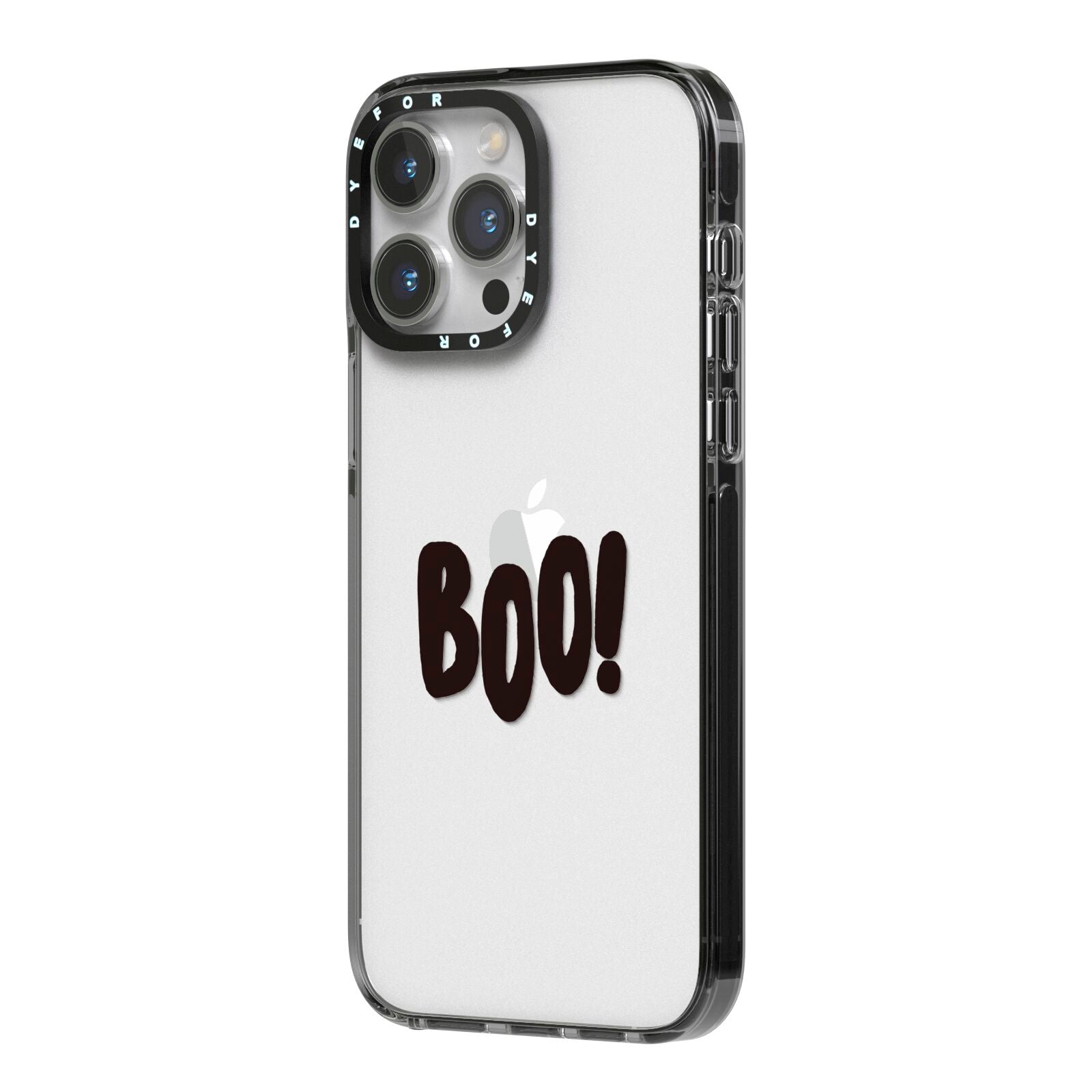 Boo Black iPhone 14 Pro Max Black Impact Case Side Angle on Silver phone