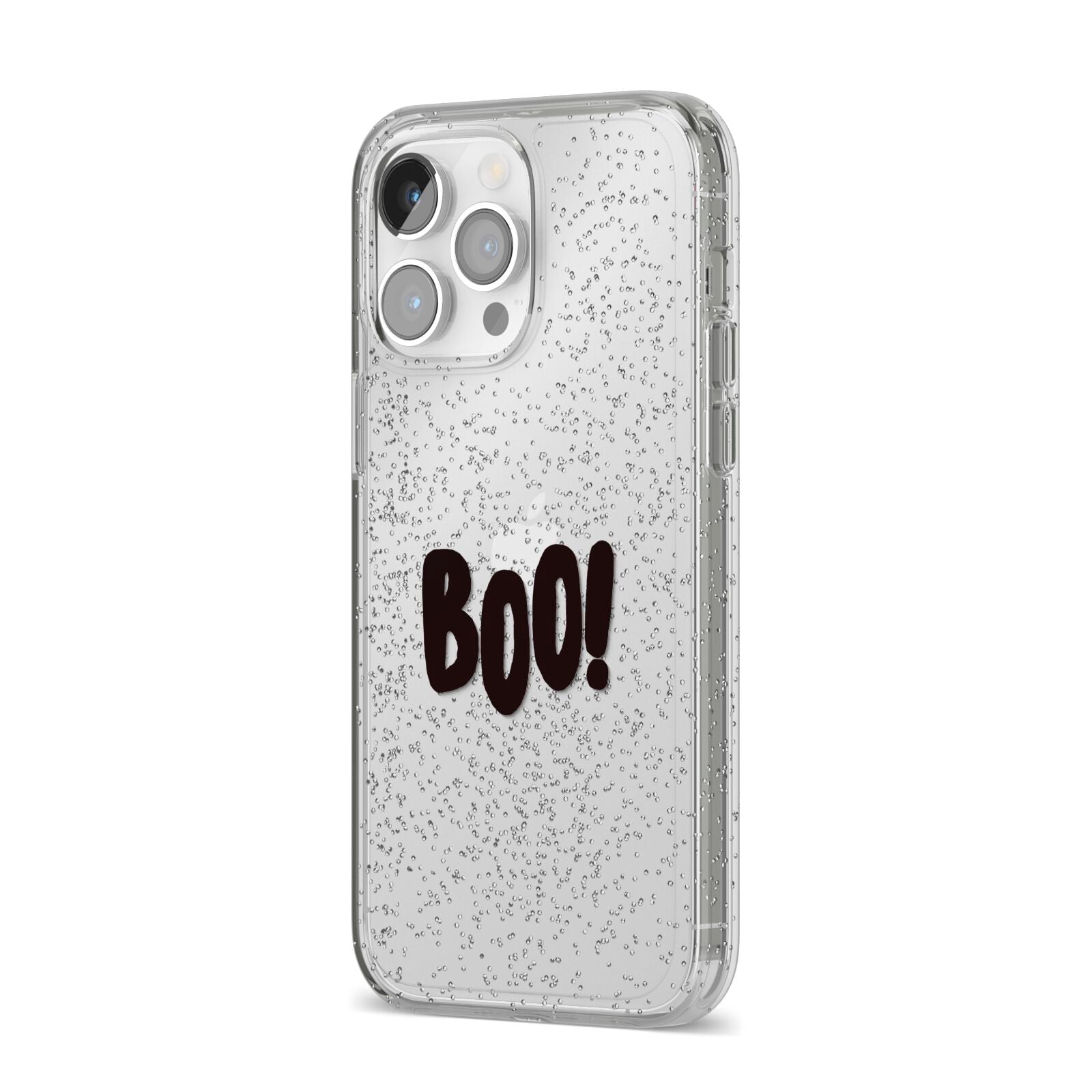 Boo Black iPhone 14 Pro Max Glitter Tough Case Silver Angled Image