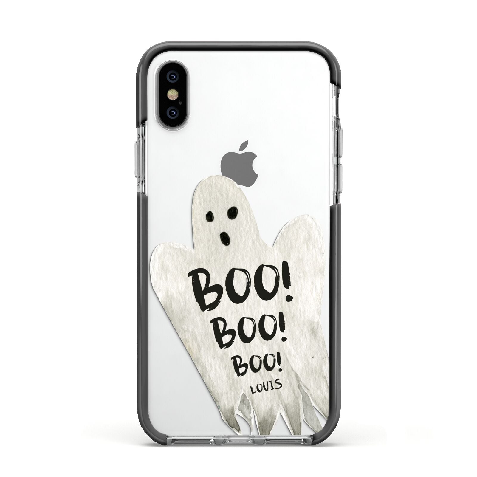 Boo Ghost Custom Apple iPhone Xs Impact Case Black Edge on Silver Phone