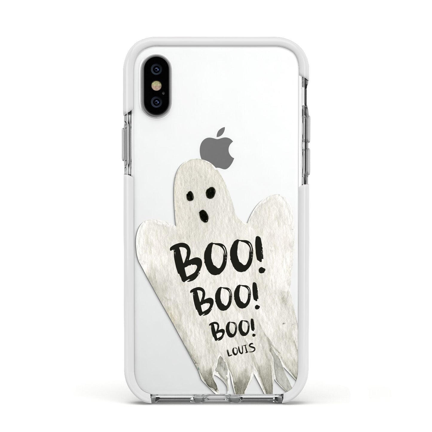 Boo Ghost Custom Apple iPhone Xs Impact Case White Edge on Silver Phone
