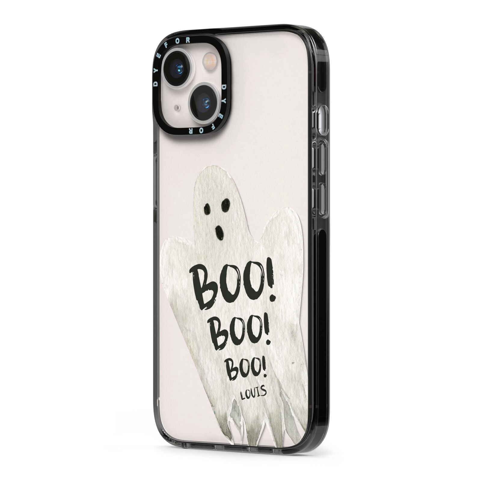 Boo Ghost Custom iPhone 13 Black Impact Case Side Angle on Silver phone