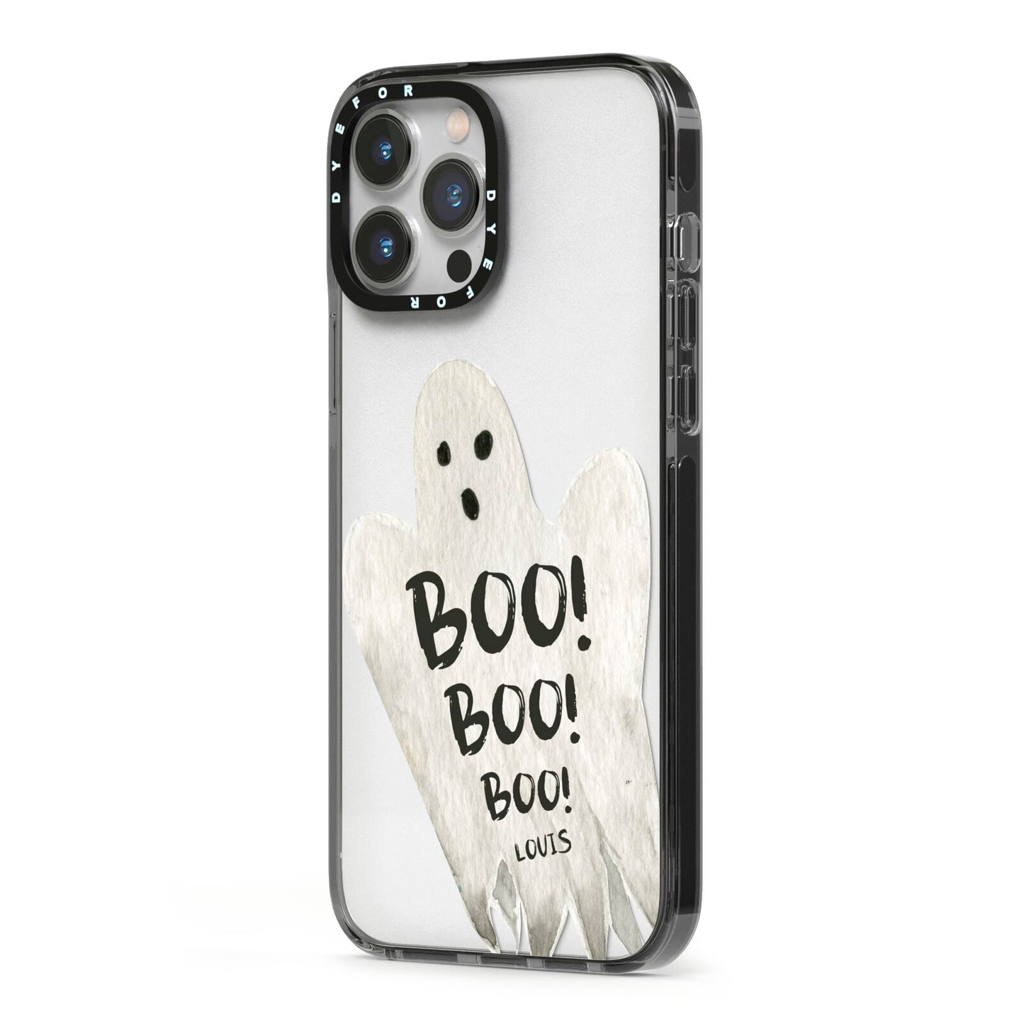 Boo Ghost Custom iPhone 13 Pro Max Black Impact Case Side Angle on Silver phone