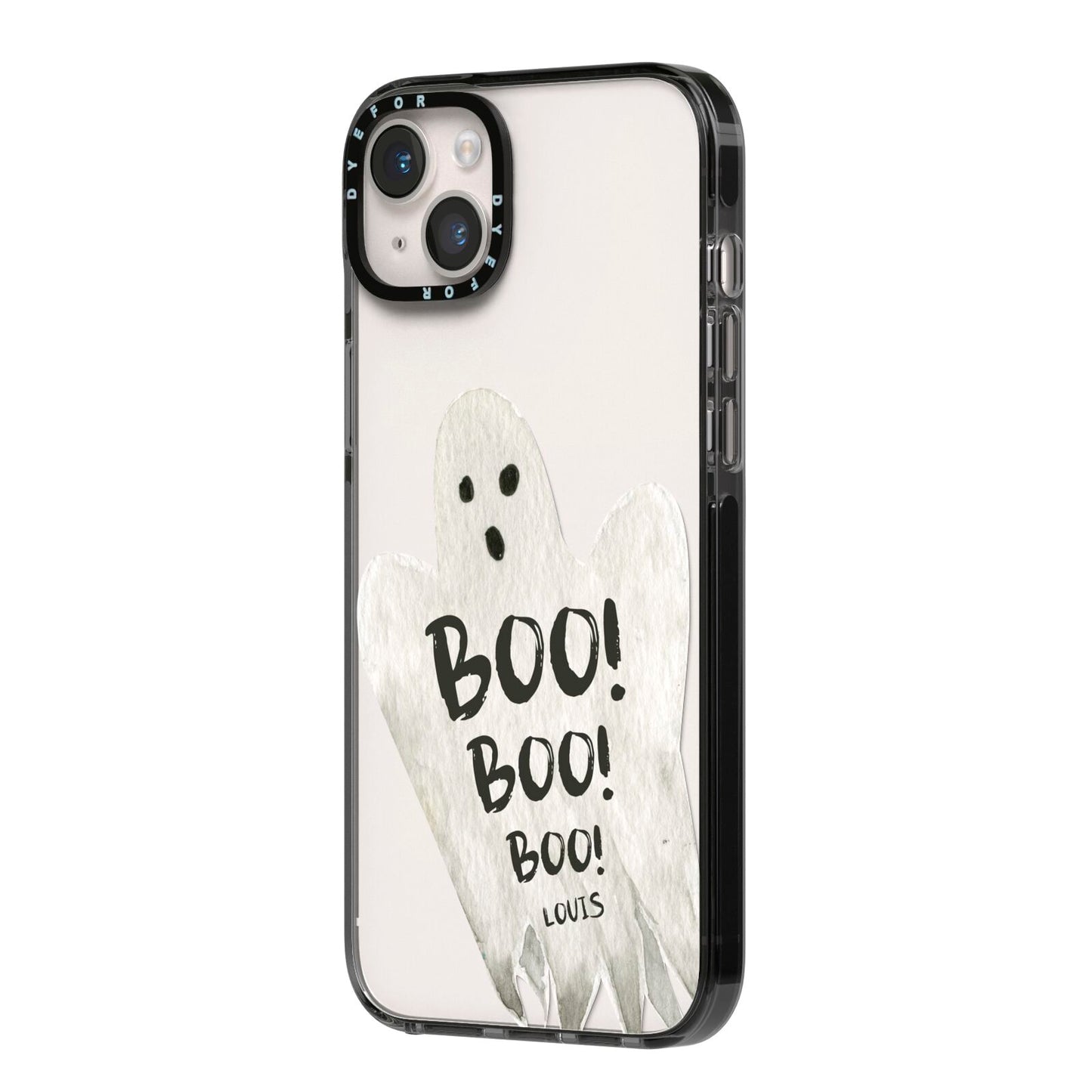 Boo Ghost Custom iPhone 14 Plus Black Impact Case Side Angle on Silver phone