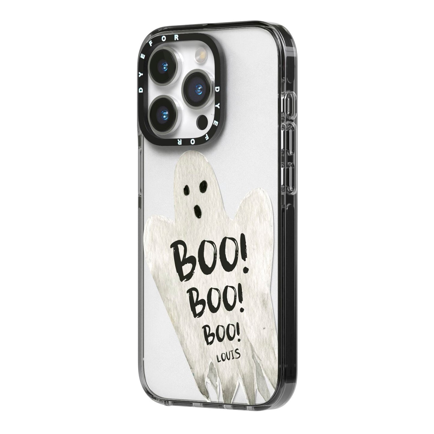 Boo Ghost Custom iPhone 14 Pro Black Impact Case Side Angle on Silver phone