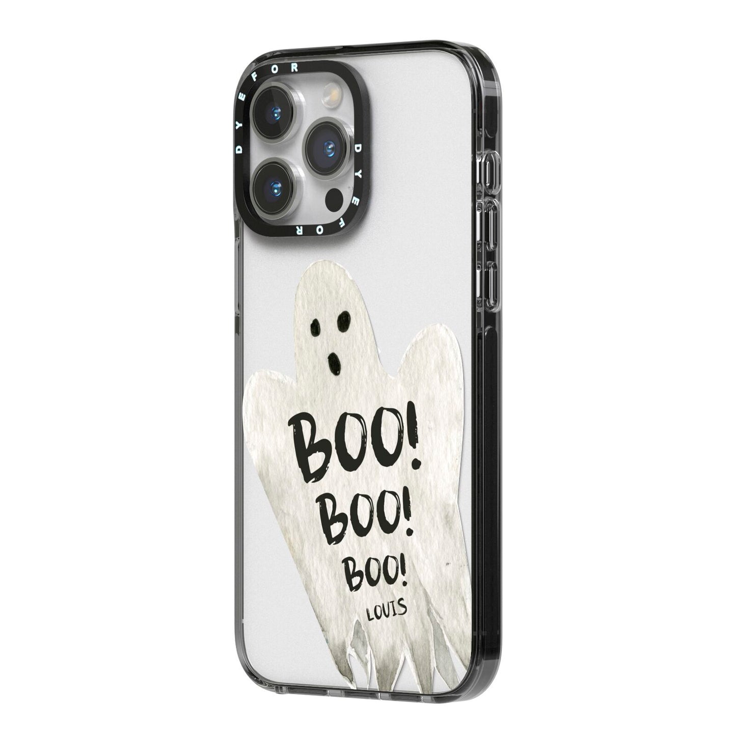 Boo Ghost Custom iPhone 14 Pro Max Black Impact Case Side Angle on Silver phone