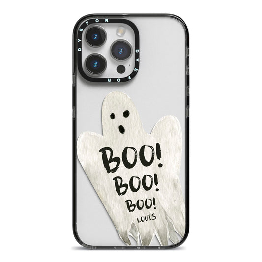 Boo Ghost Custom iPhone 14 Pro Max Black Impact Case on Silver phone