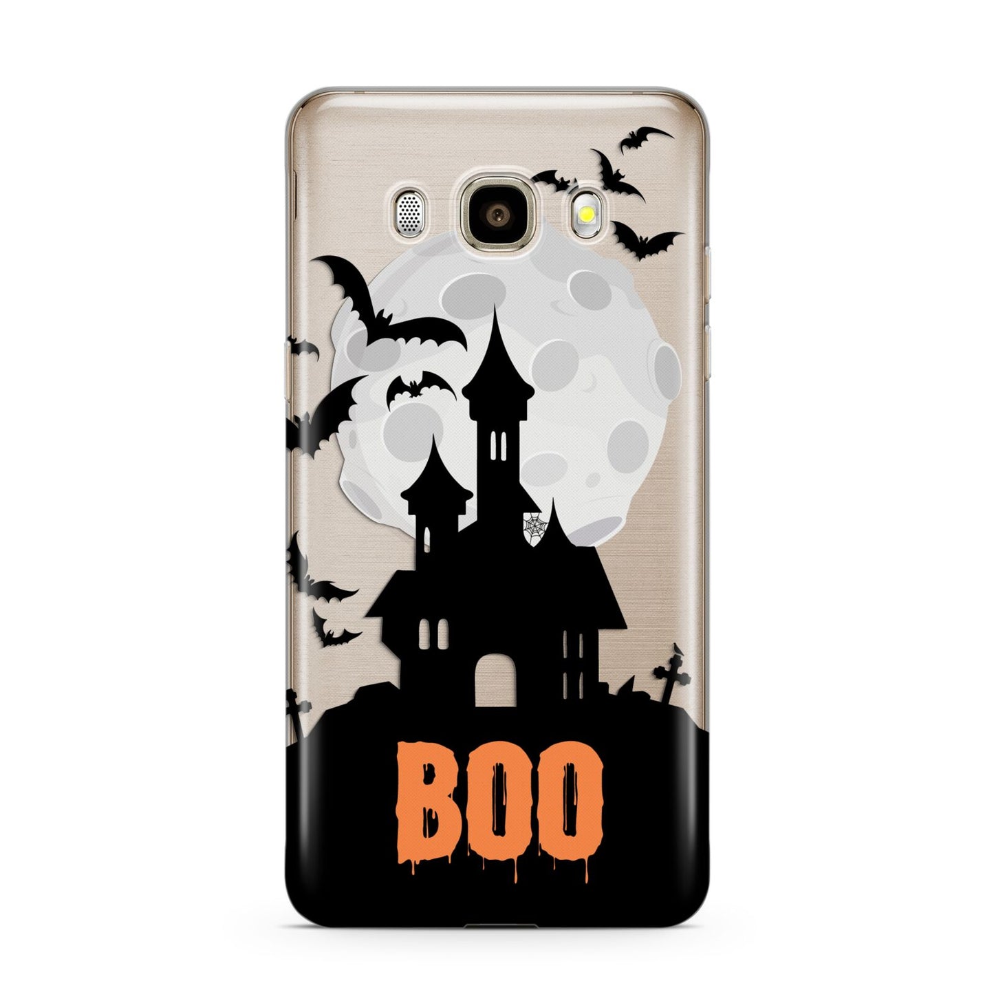Boo Gothic Black Halloween Samsung Galaxy J7 2016 Case on gold phone