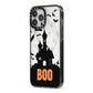 Boo Gothic Black Halloween iPhone 13 Pro Max Black Impact Case Side Angle on Silver phone