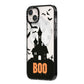 Boo Gothic Black Halloween iPhone 14 Plus Black Impact Case Side Angle on Silver phone