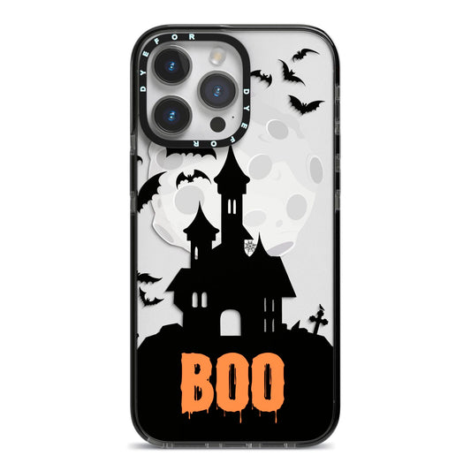 Boo Gothic Black Halloween iPhone 14 Pro Max Black Impact Case on Silver phone