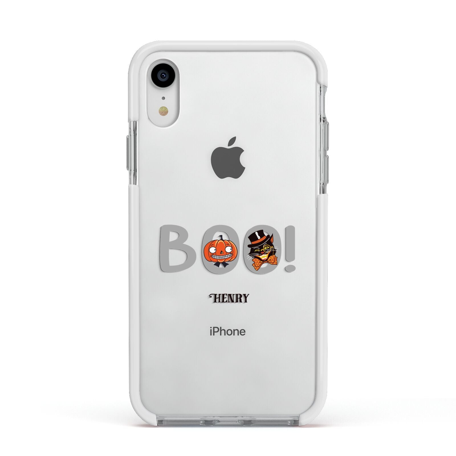 Boo Personalised Apple iPhone XR Impact Case White Edge on Silver Phone