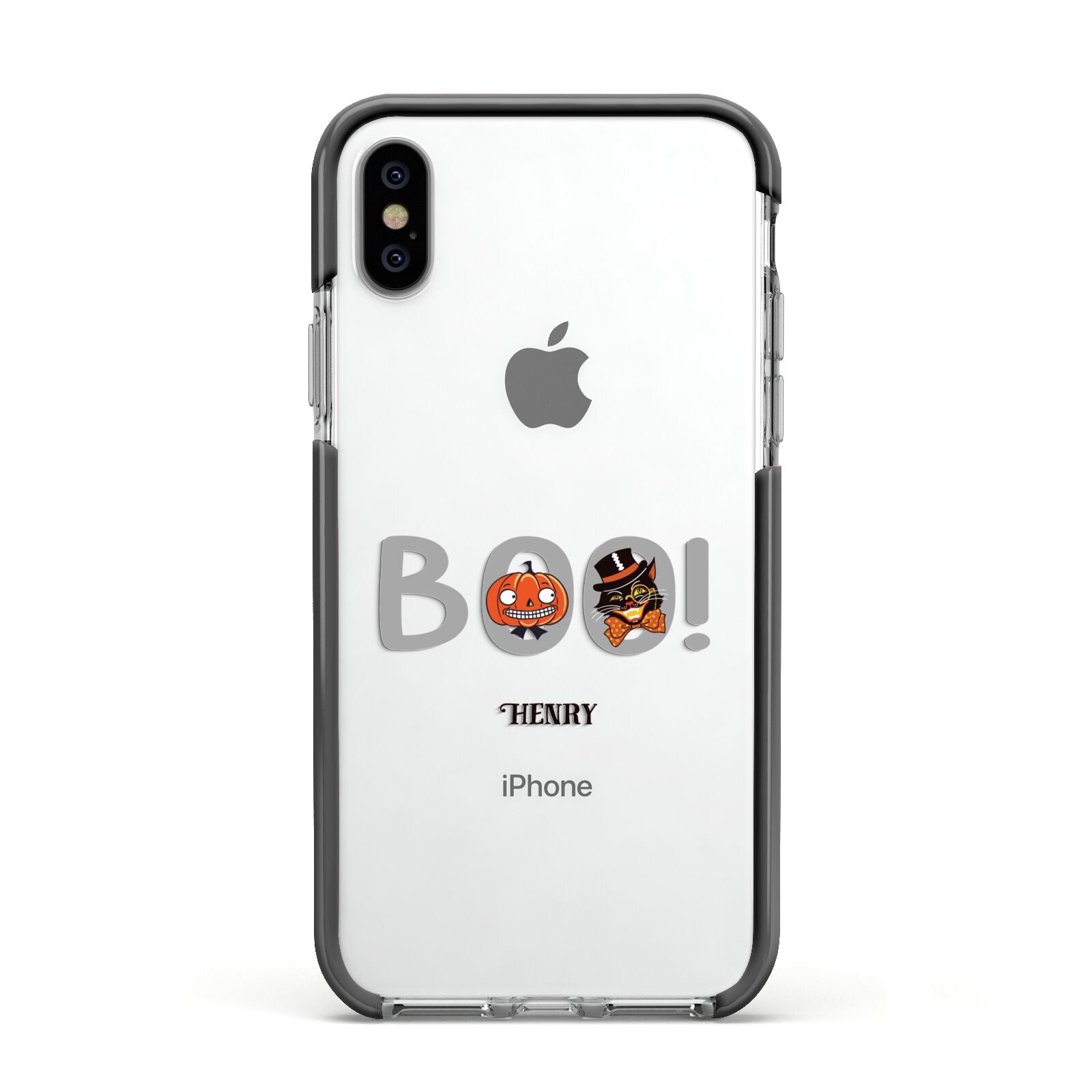 Boo Personalised Apple iPhone Xs Impact Case Black Edge on Silver Phone