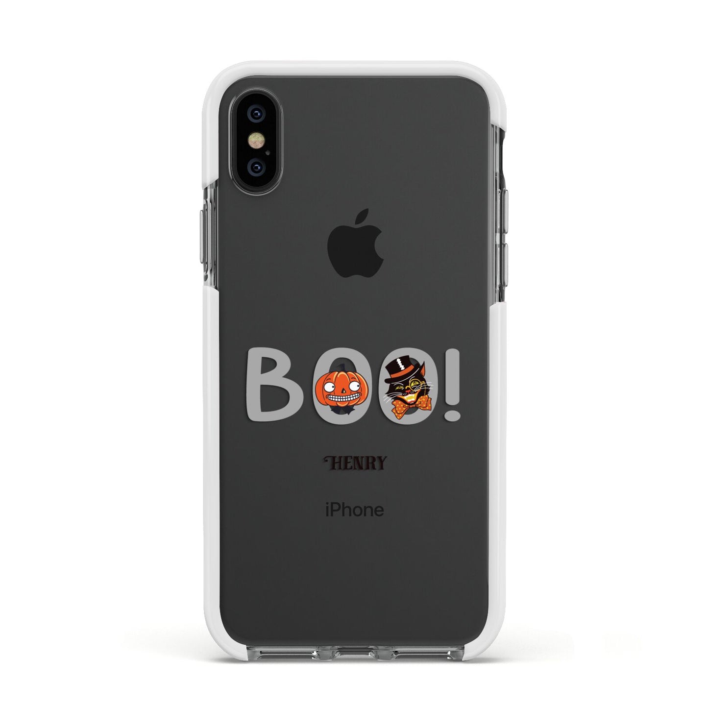 Boo Personalised Apple iPhone Xs Impact Case White Edge on Black Phone