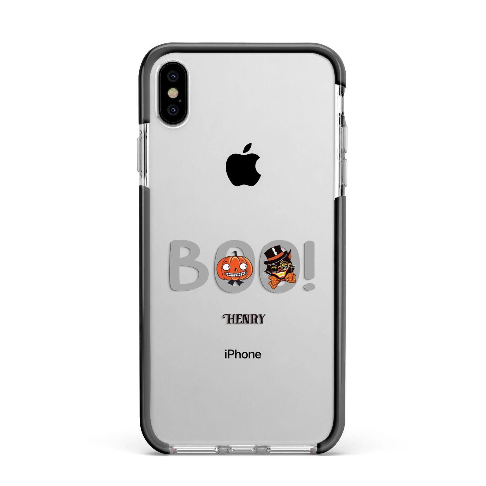 Boo Personalised Apple iPhone Xs Max Impact Case Black Edge on Silver Phone