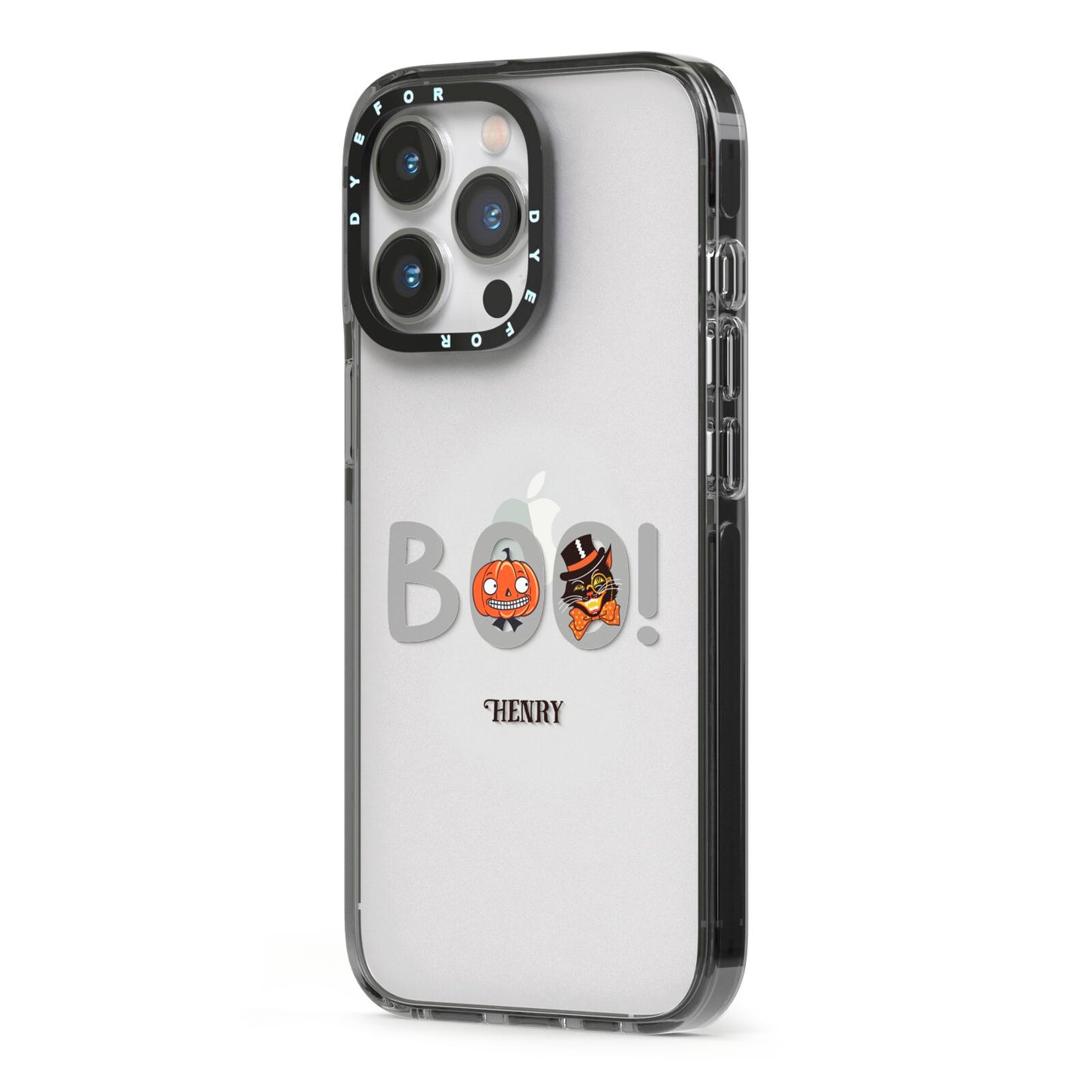 Boo Personalised iPhone 13 Pro Black Impact Case Side Angle on Silver phone