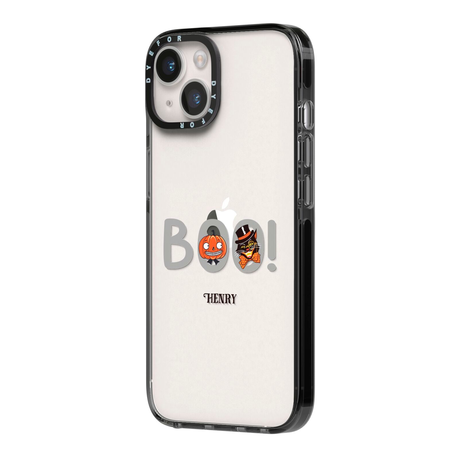 Boo Personalised iPhone 14 Black Impact Case Side Angle on Silver phone